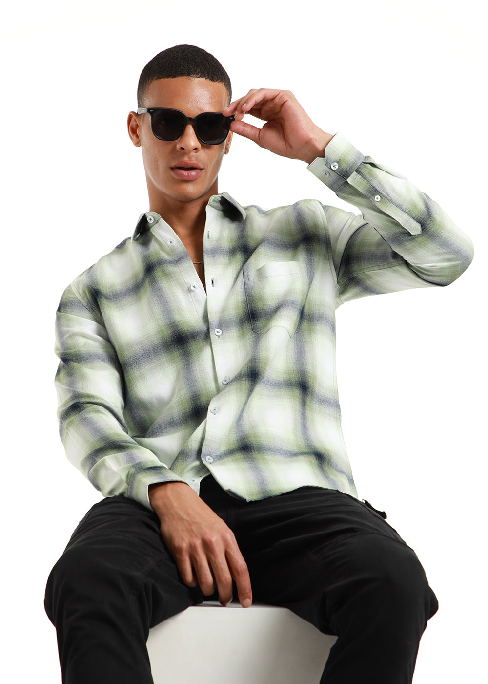 Leaf green check shirt for men