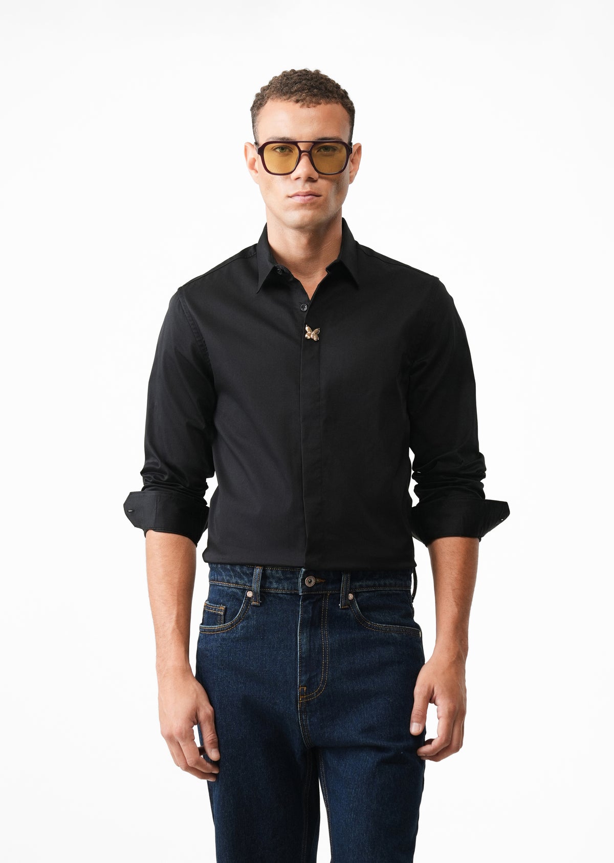 Black Metallic Butterfly Embellished Designer Shirt