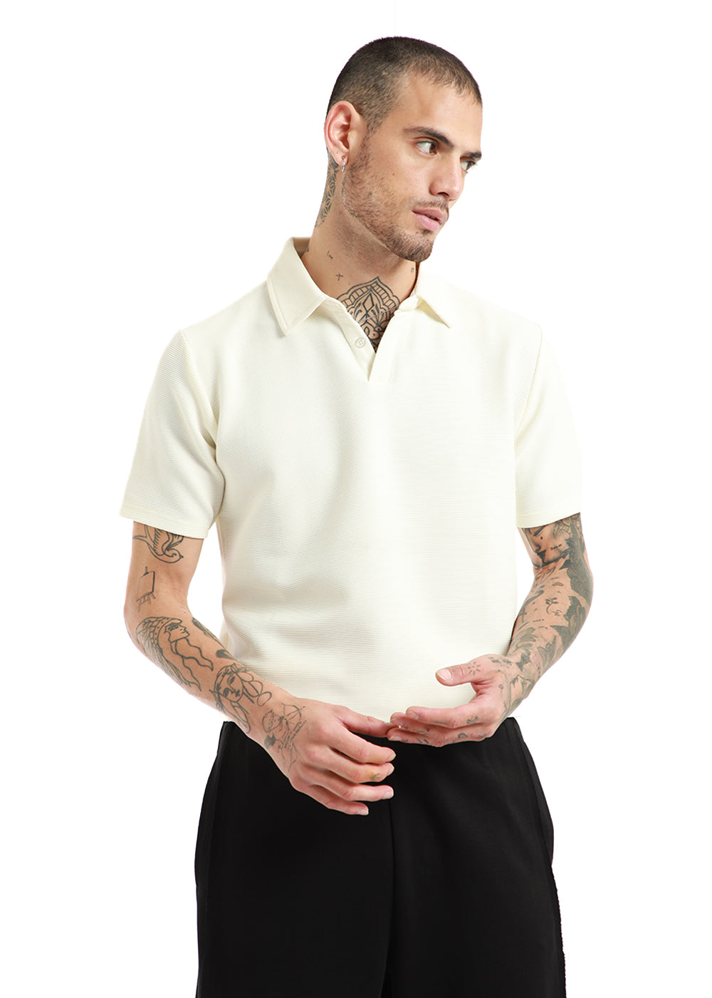 Off White Textured Polo Tshirt