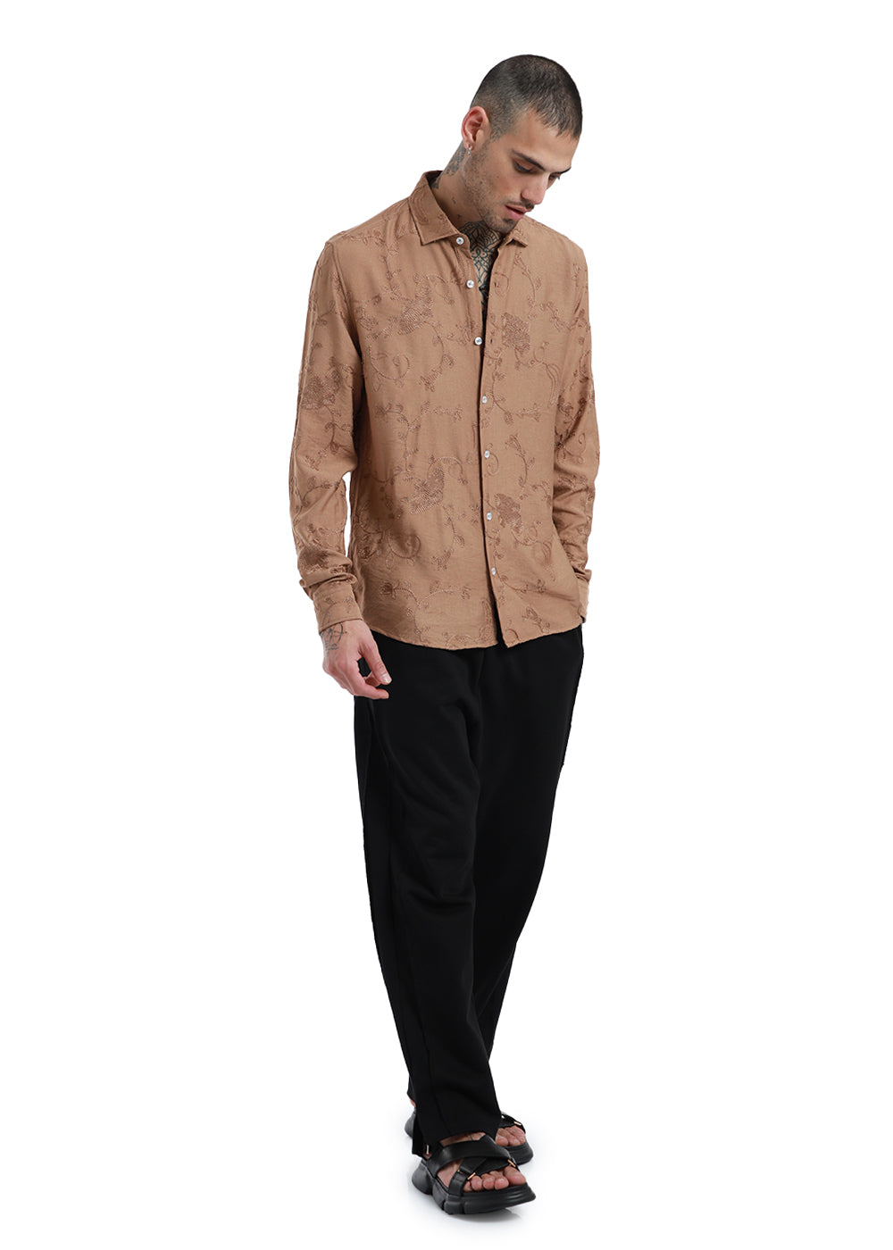 Metallic Bronze Floral Embroidery Shirt