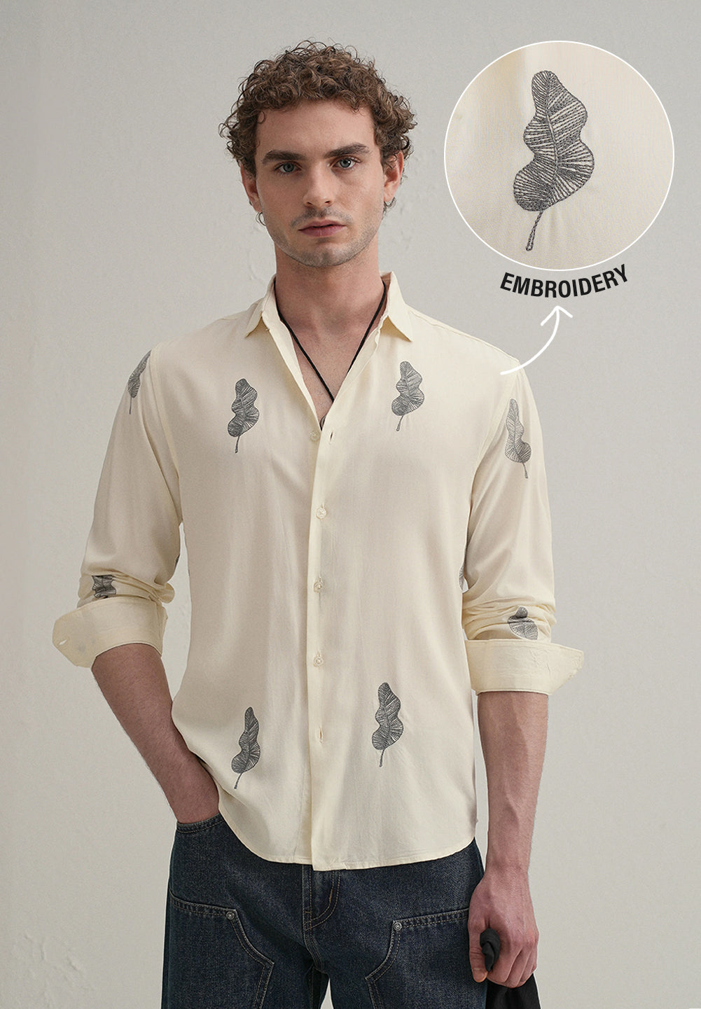 Cream Grey Leaf Motif Embroidery Shirt
