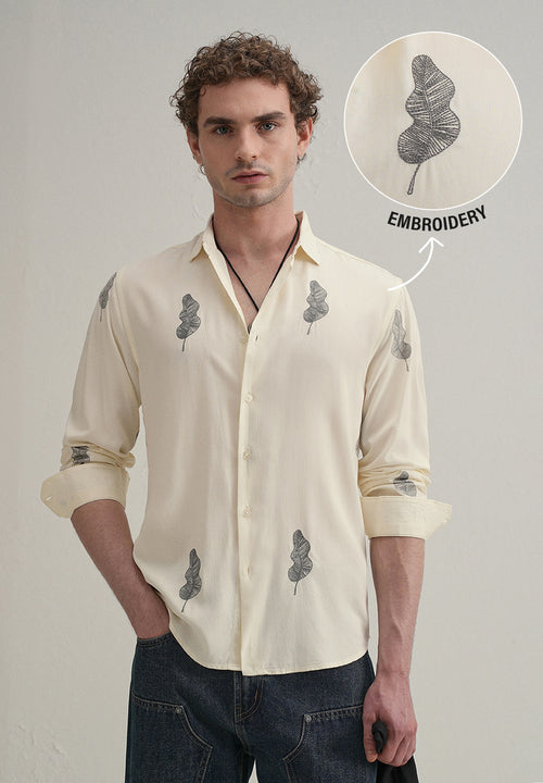 Cream Grey Leaf Motif Embroidery Shirt