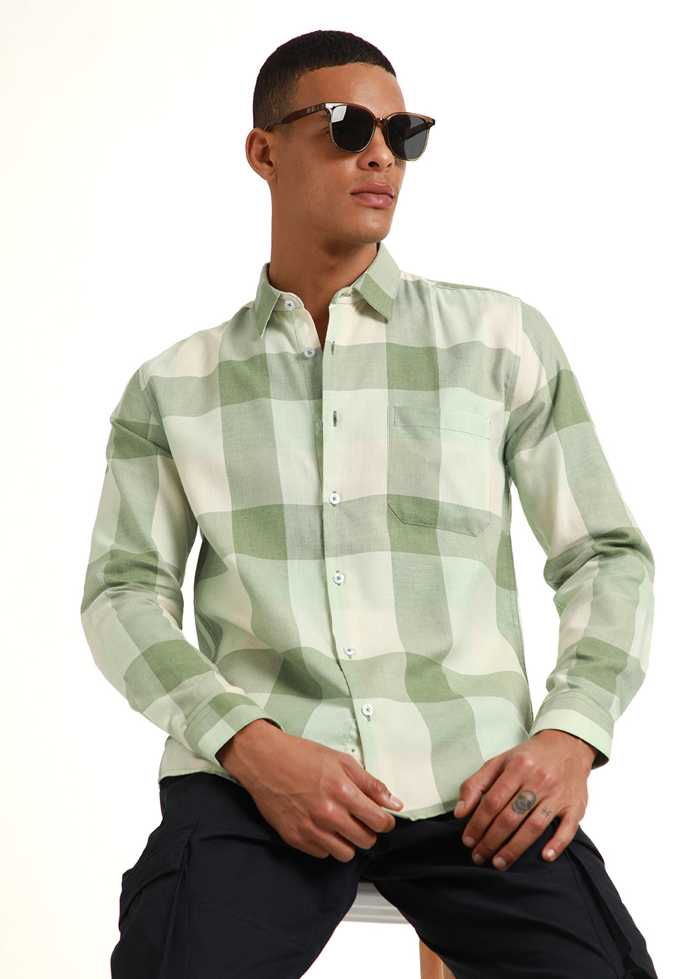 melange apple green check shirt for men