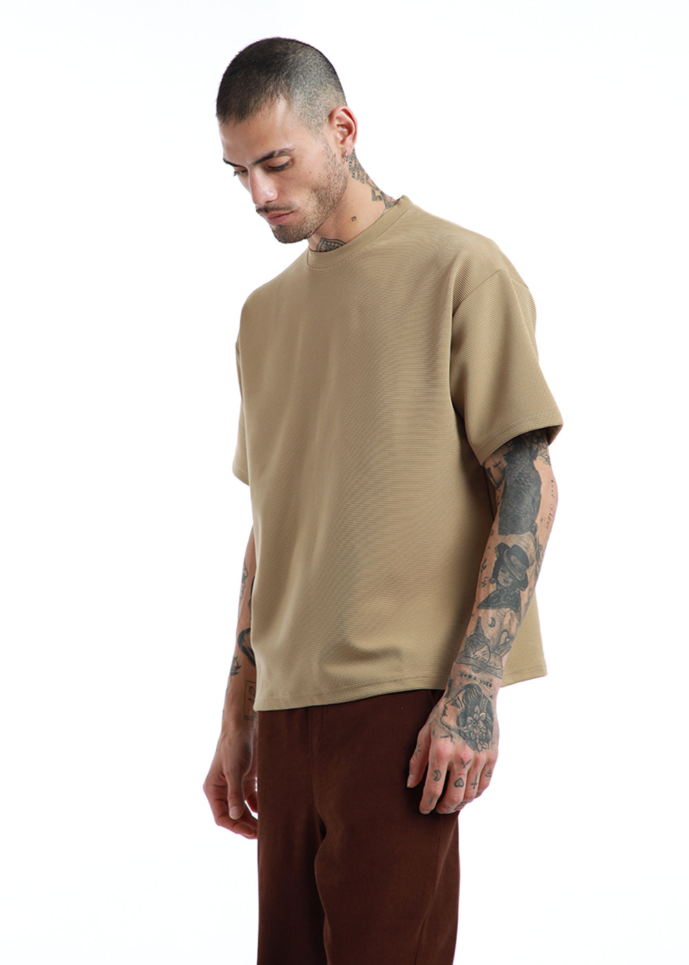 beige textured crew neck t shirt