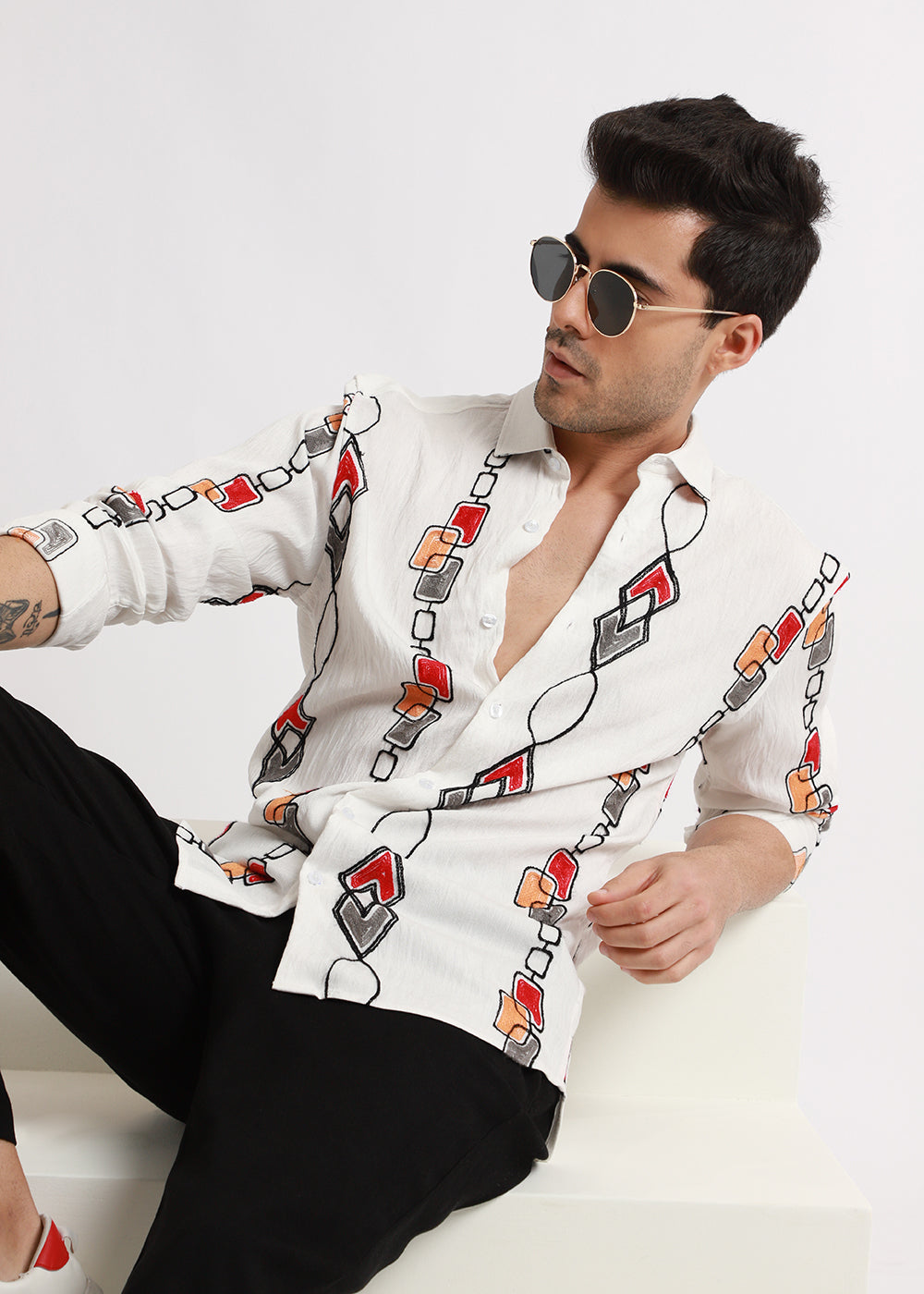 White Abstract Embroidered Shirt
