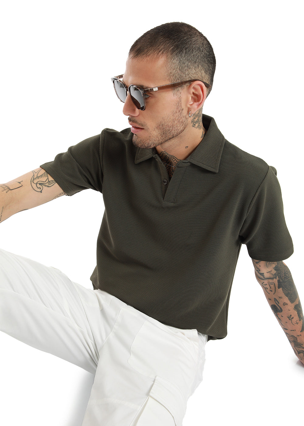 Olive Green Textured Polo Tshirt