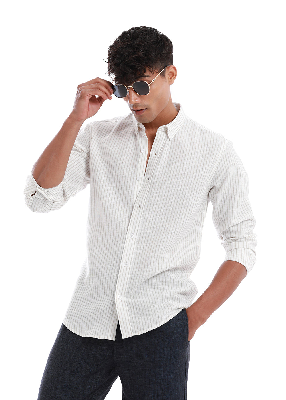 Elegant khaki Stripe Blended Linen shirt
