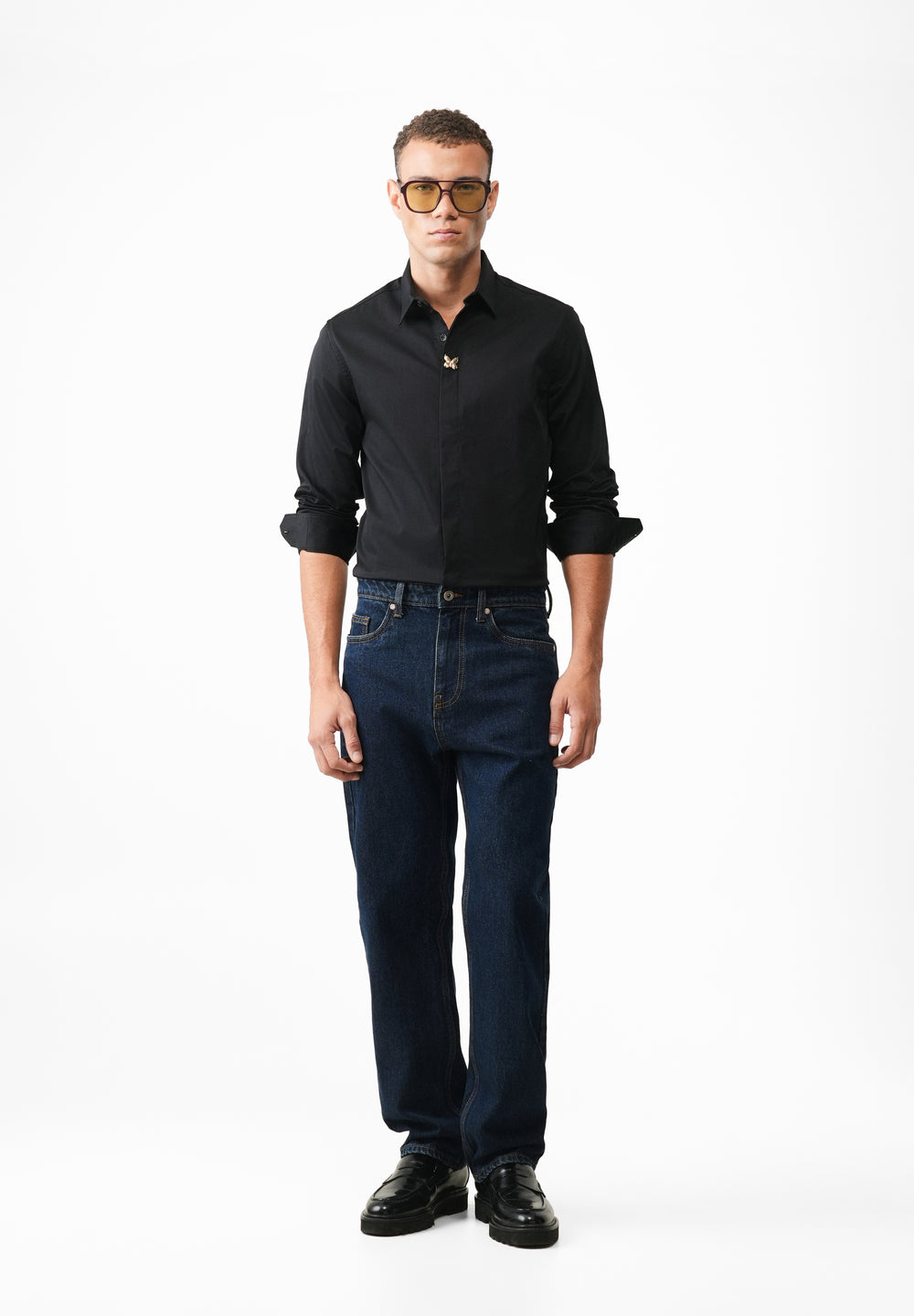 Black Metallic Butterfly Embellished Designer Shirt