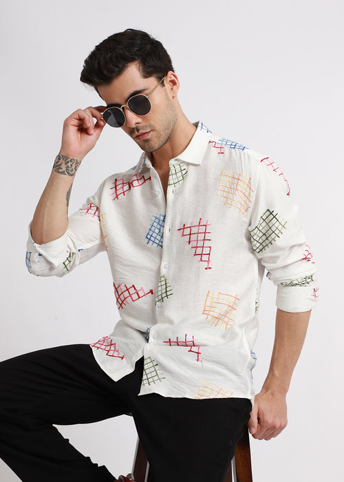 White Geometric Embroidered Shirt