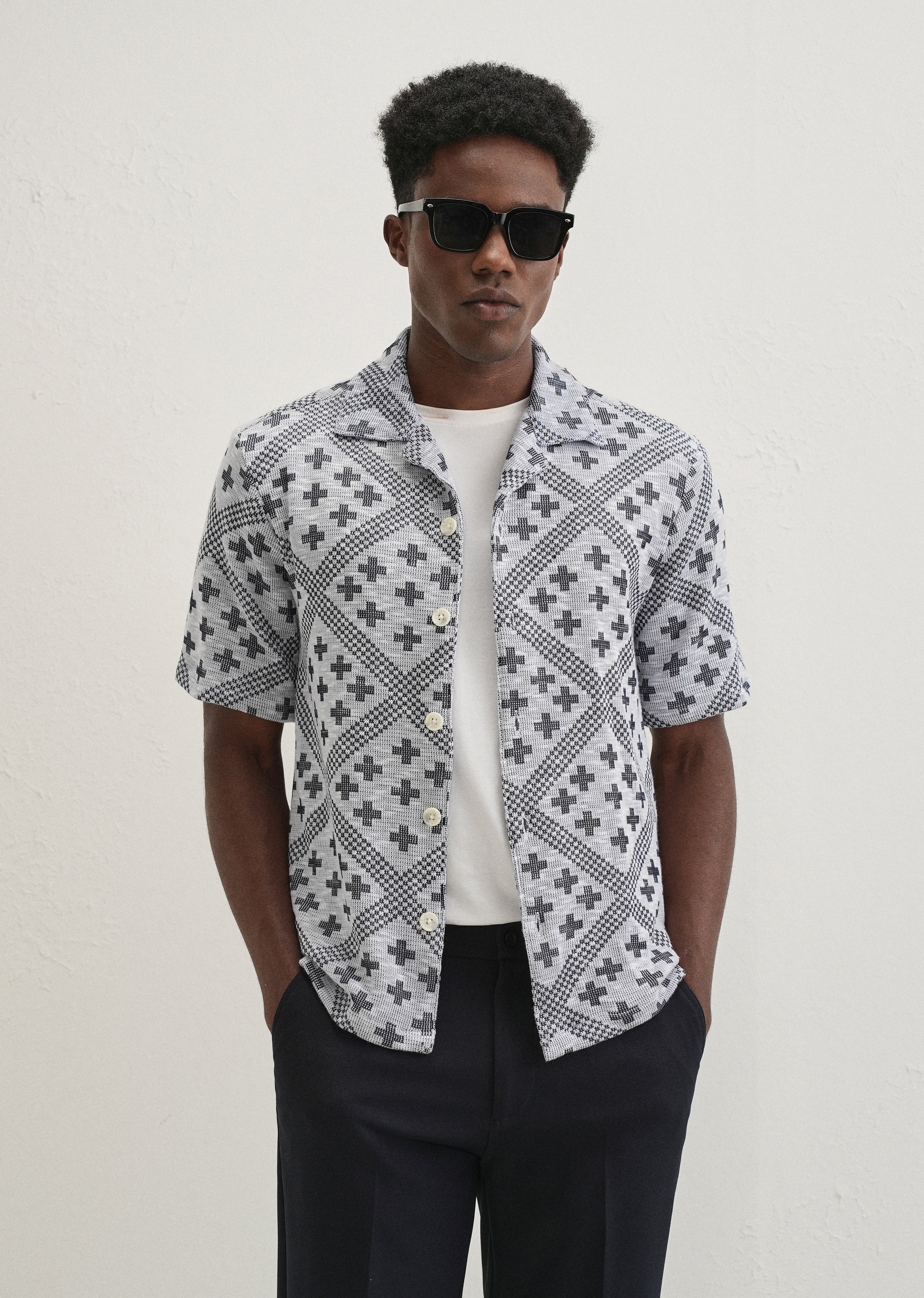 Dark Blue Jacquard Knitted Shirt