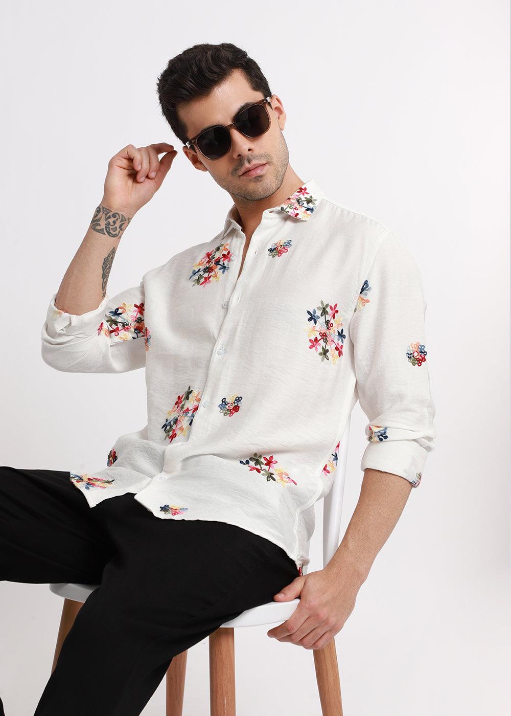 White Floral Embroidered Shirt