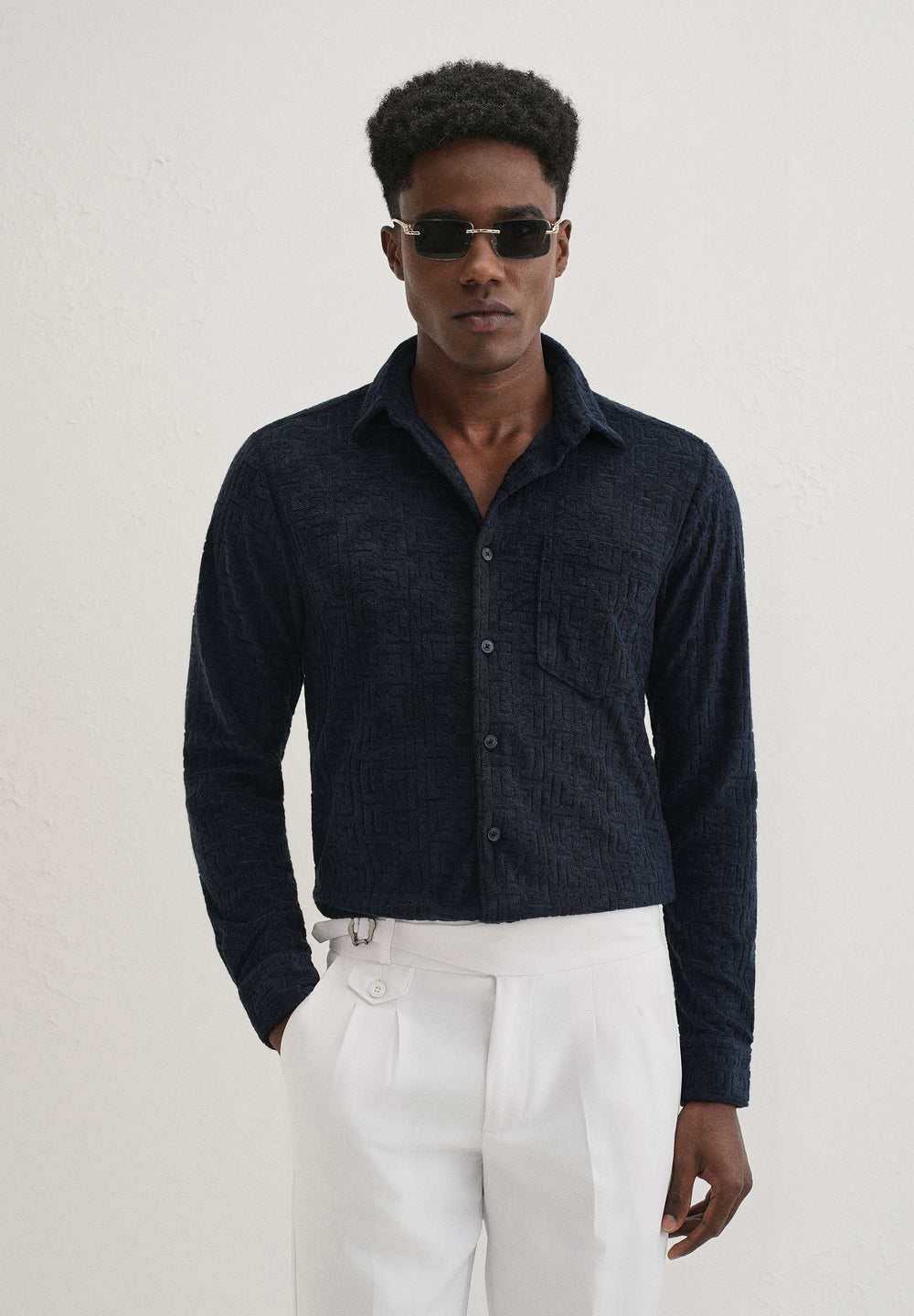 Blue Jacquard Knitted Shirt