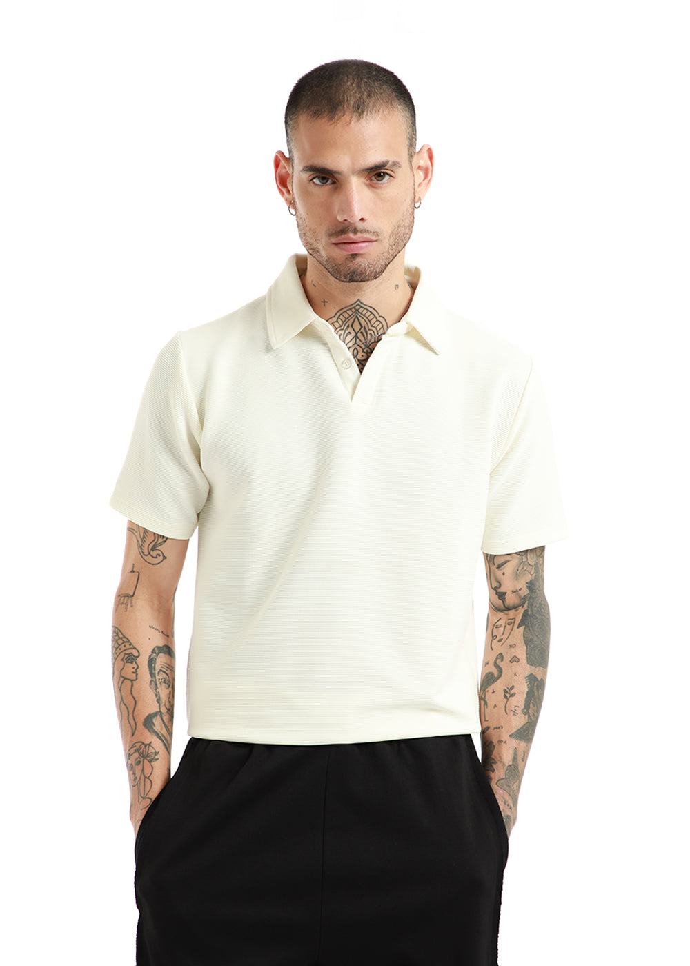 Off White Textured Polo Tshirt