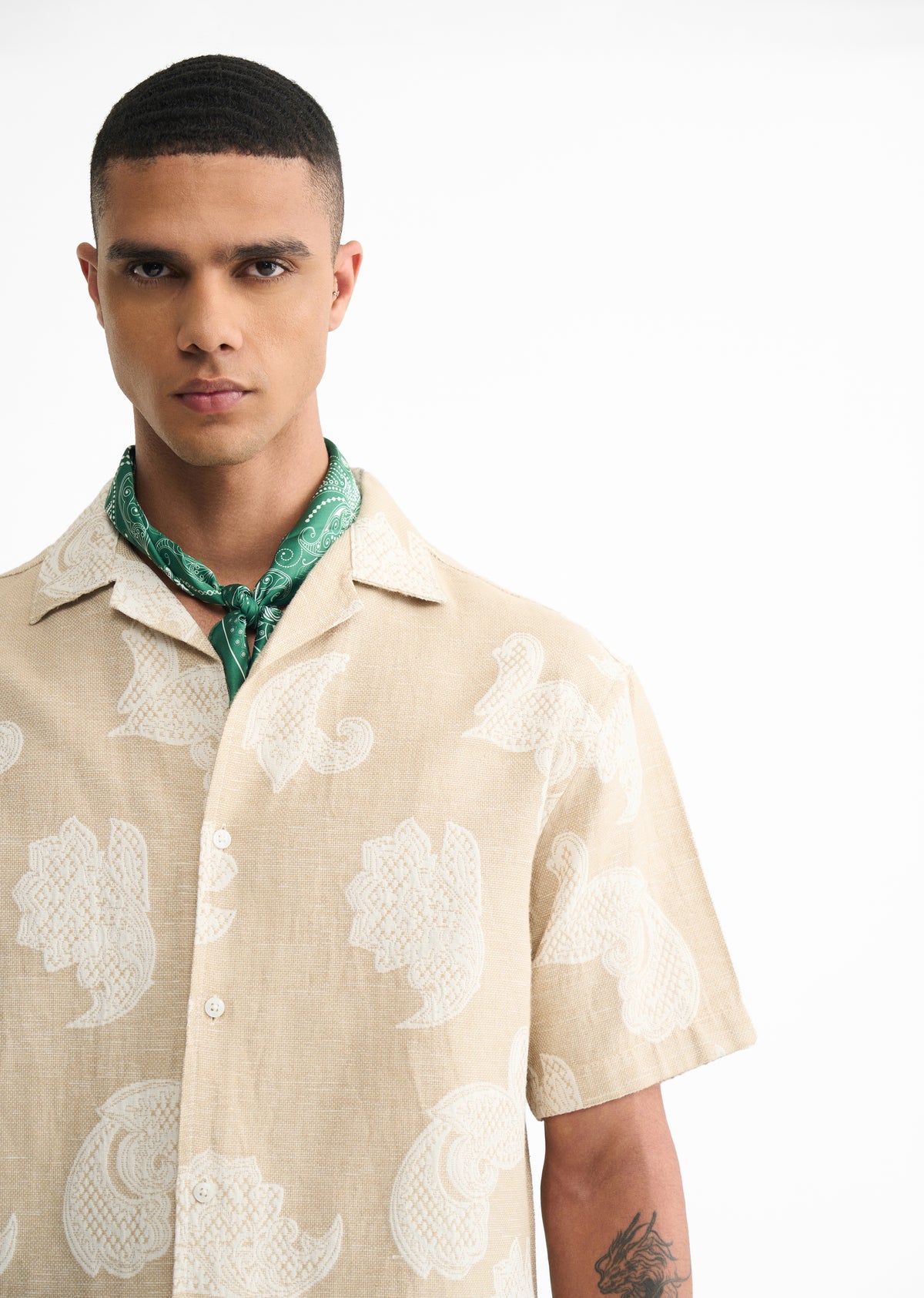 Beige Jacquard Floral Boxy Shirt