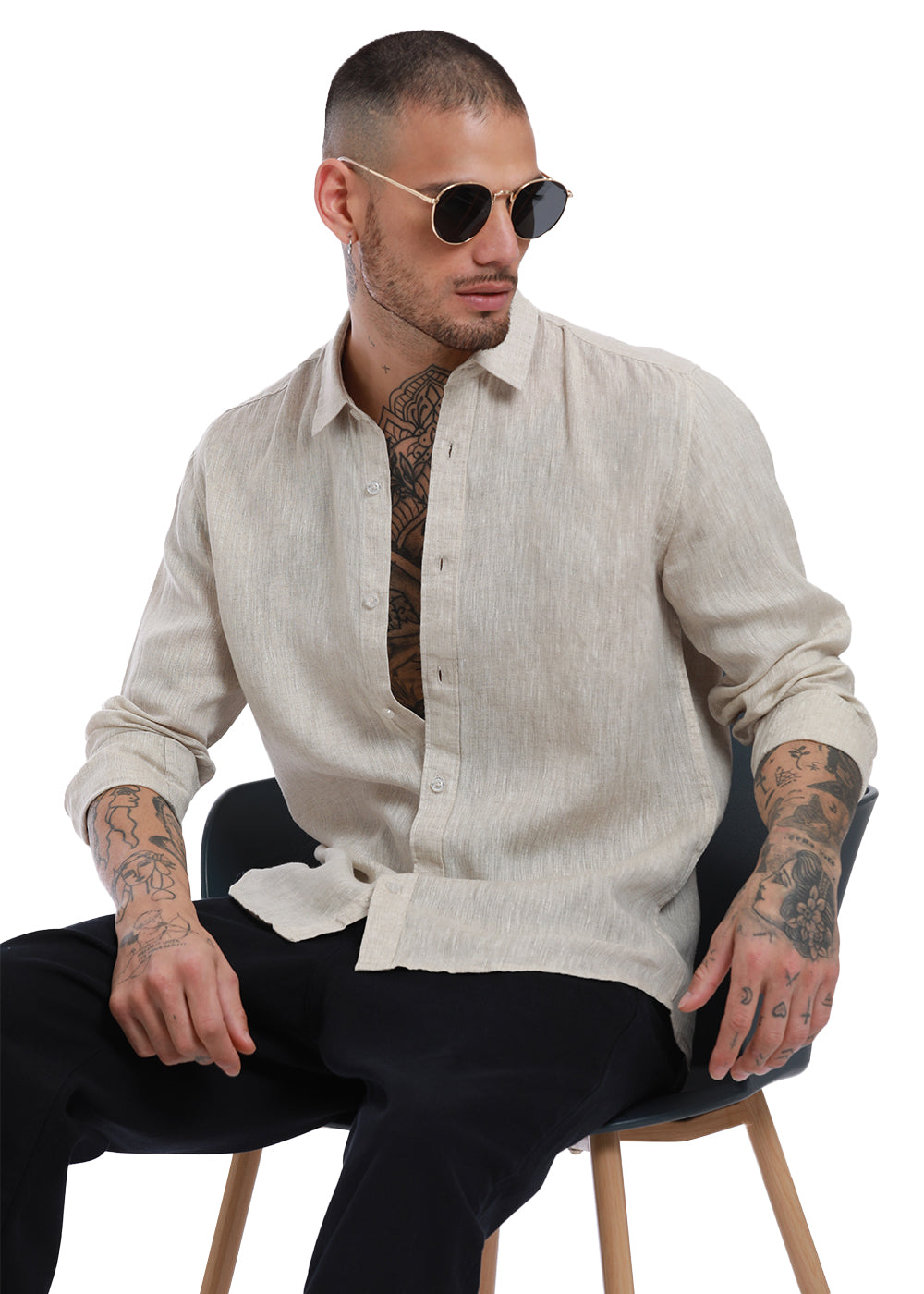 Full Sleeve Beige 100 %Linen Shirt