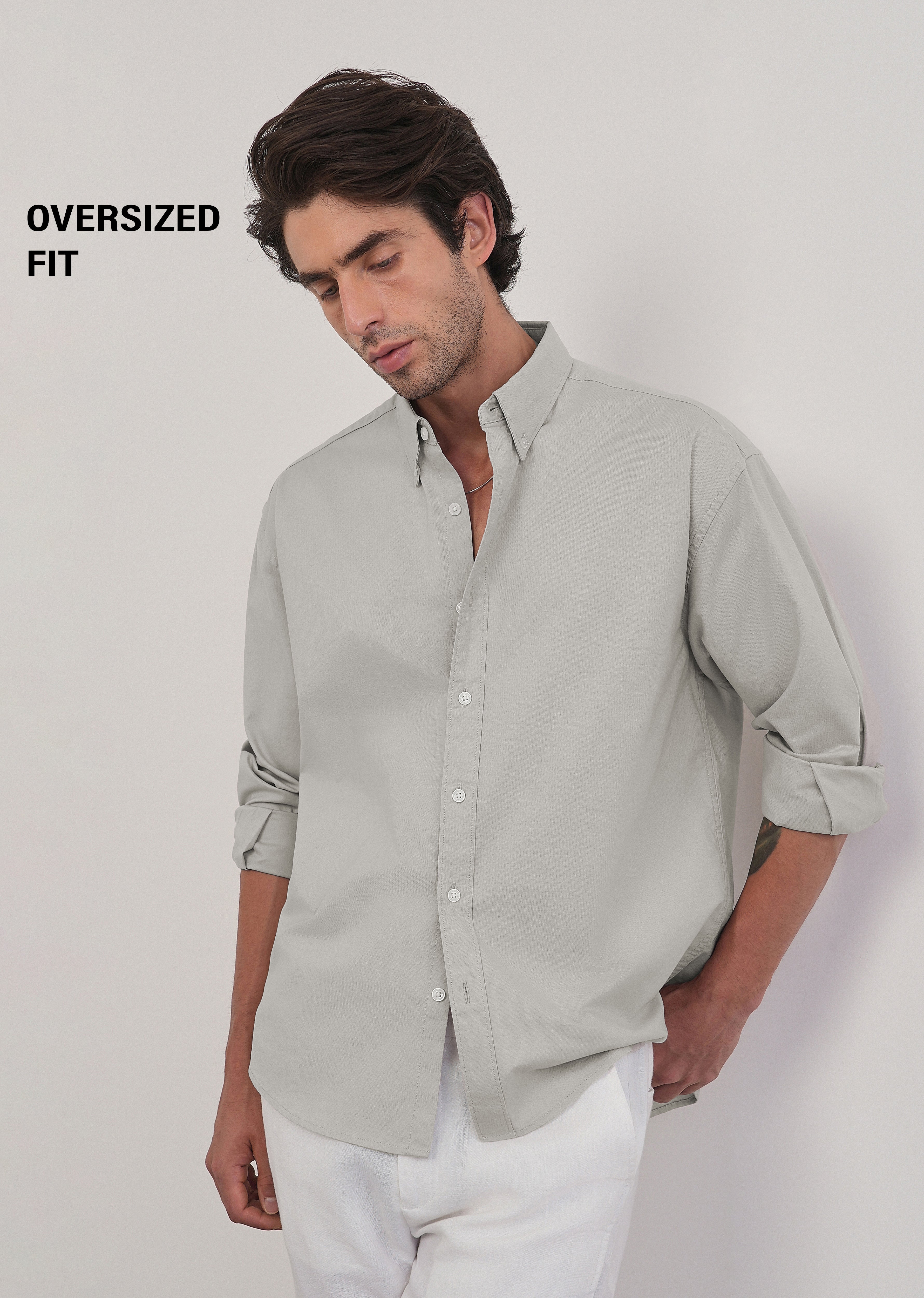 Grey Cotton Stretch Oversized Shirt