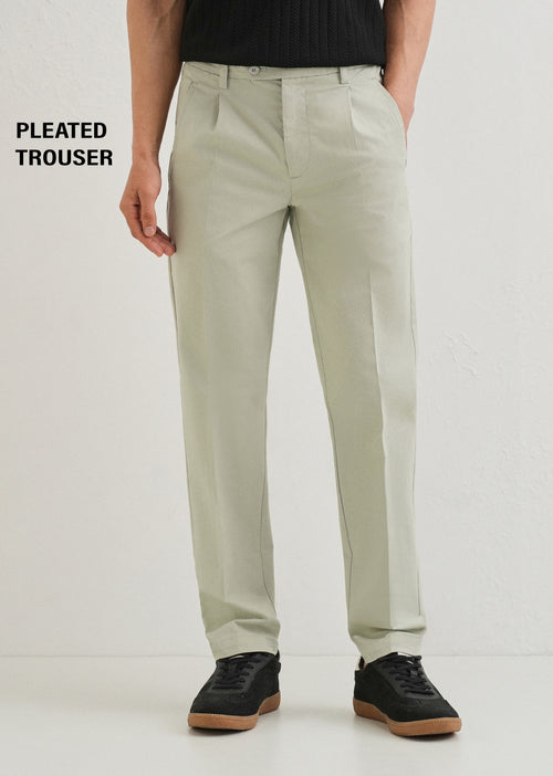 Tea Green Plain Pleated Chinos