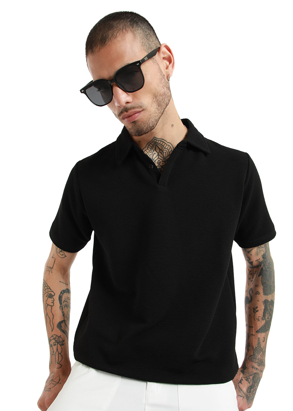 Black Textured Polo Tshirt