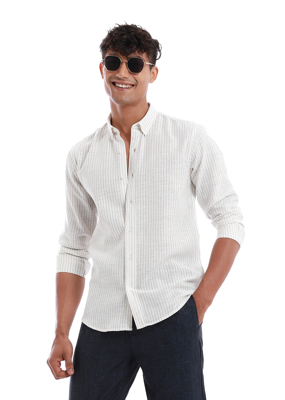 Elegant khaki Stripe Blended Linen shirt