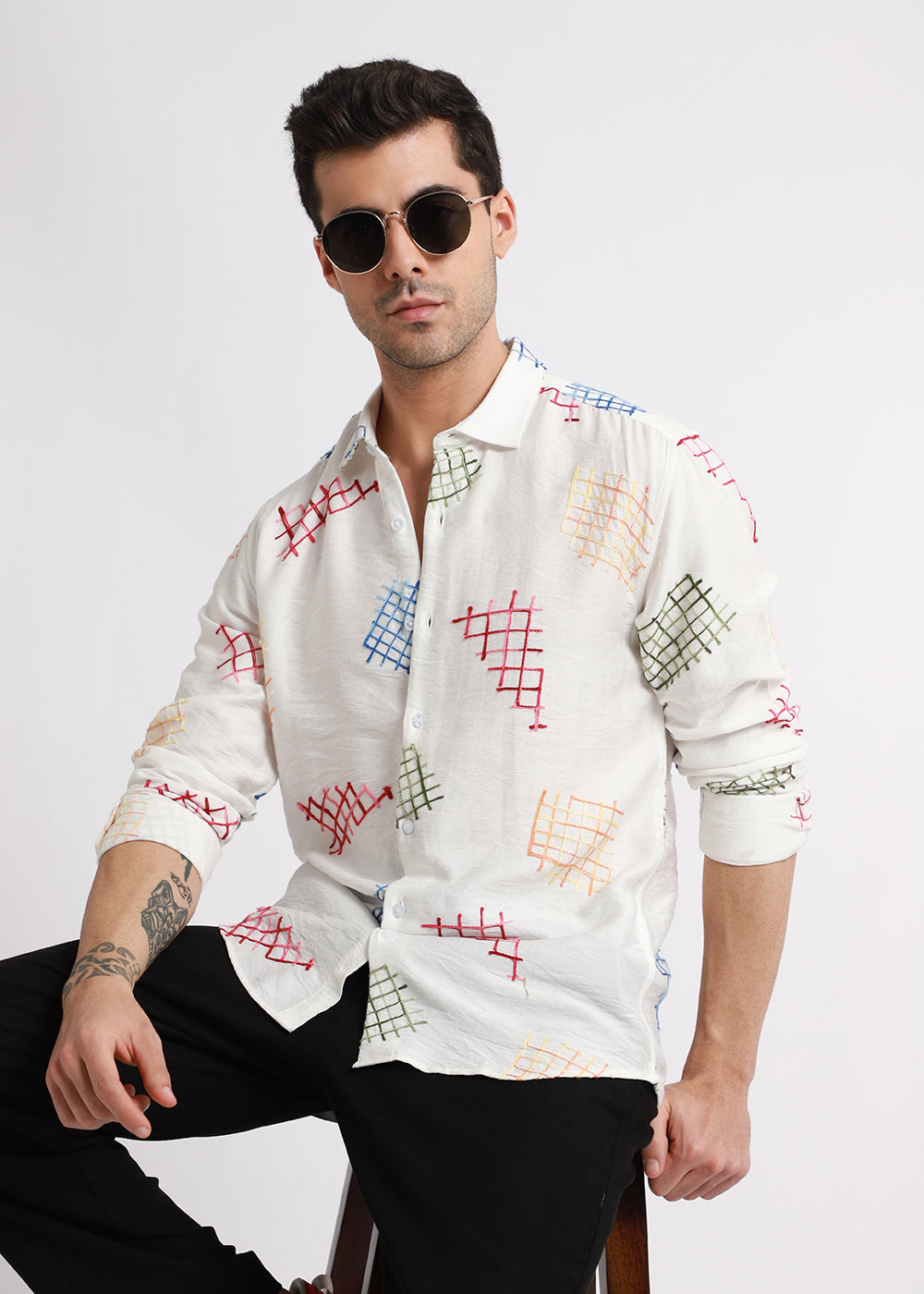 White Geometric Embroidered Shirt