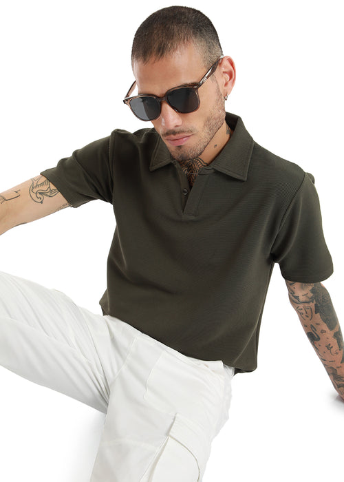 Olive Green Textured Polo T-shirt