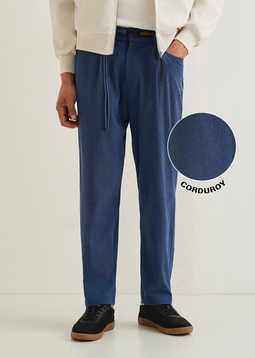 Blue Textured Corduroy Drawstring Pant
