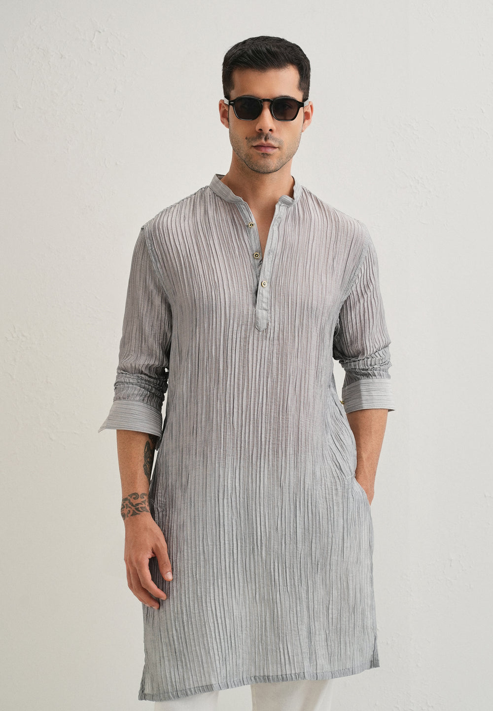 Grey Crinkled Stripe Kurta