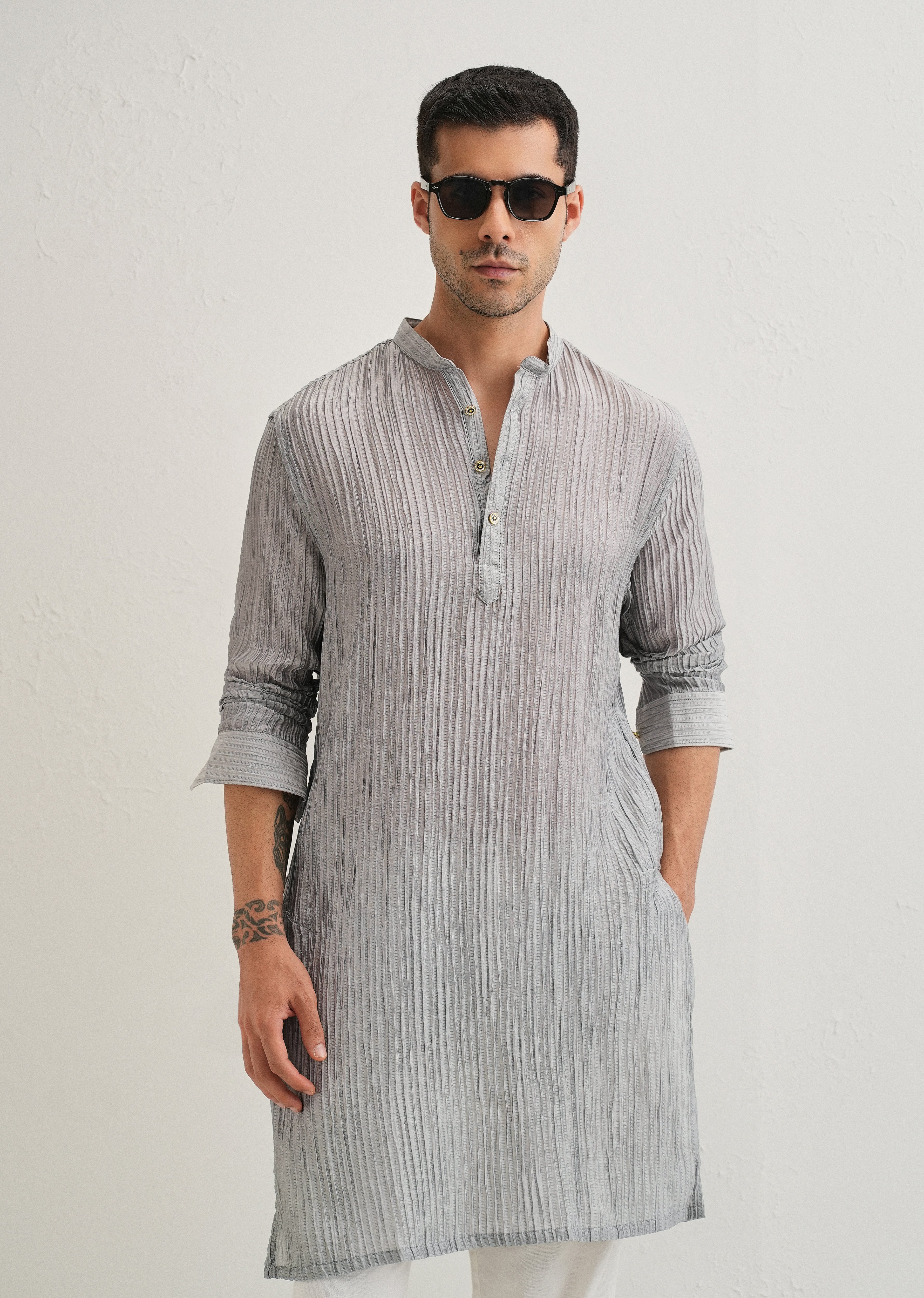 Grey Crinkled Stripe Kurta