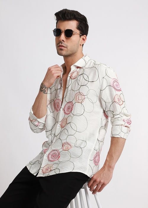 White Circular Embroidered Shirt