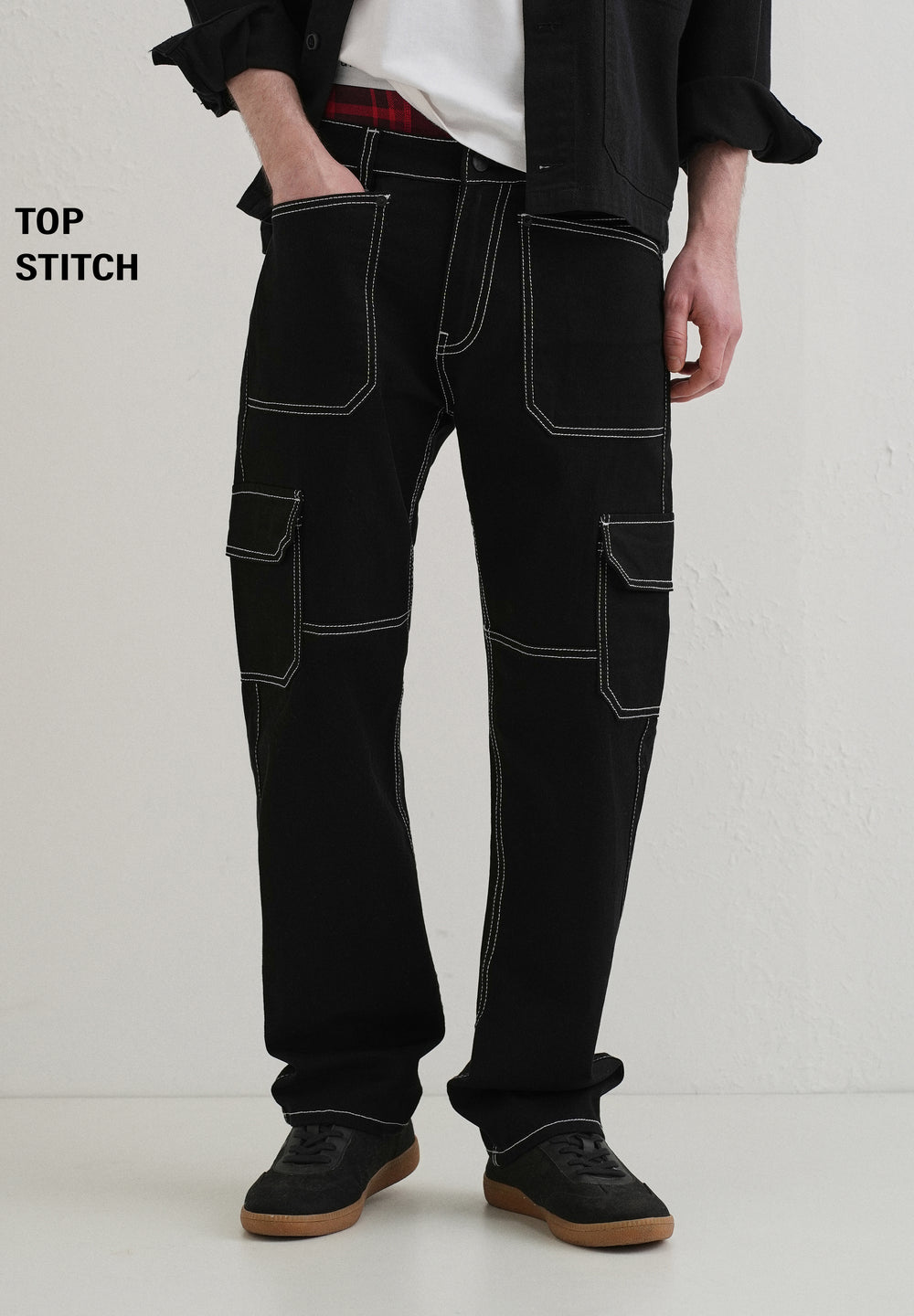 Top Stitched Black Denim Cargo