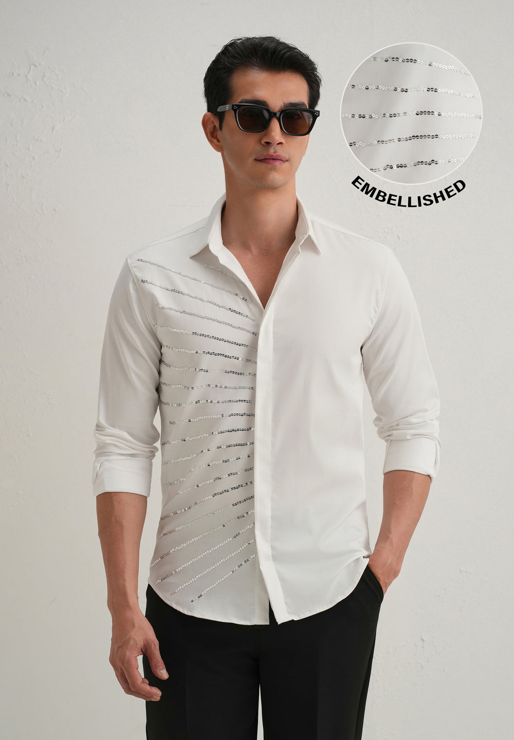 White Gradient Ray Sequin Designer Shirt