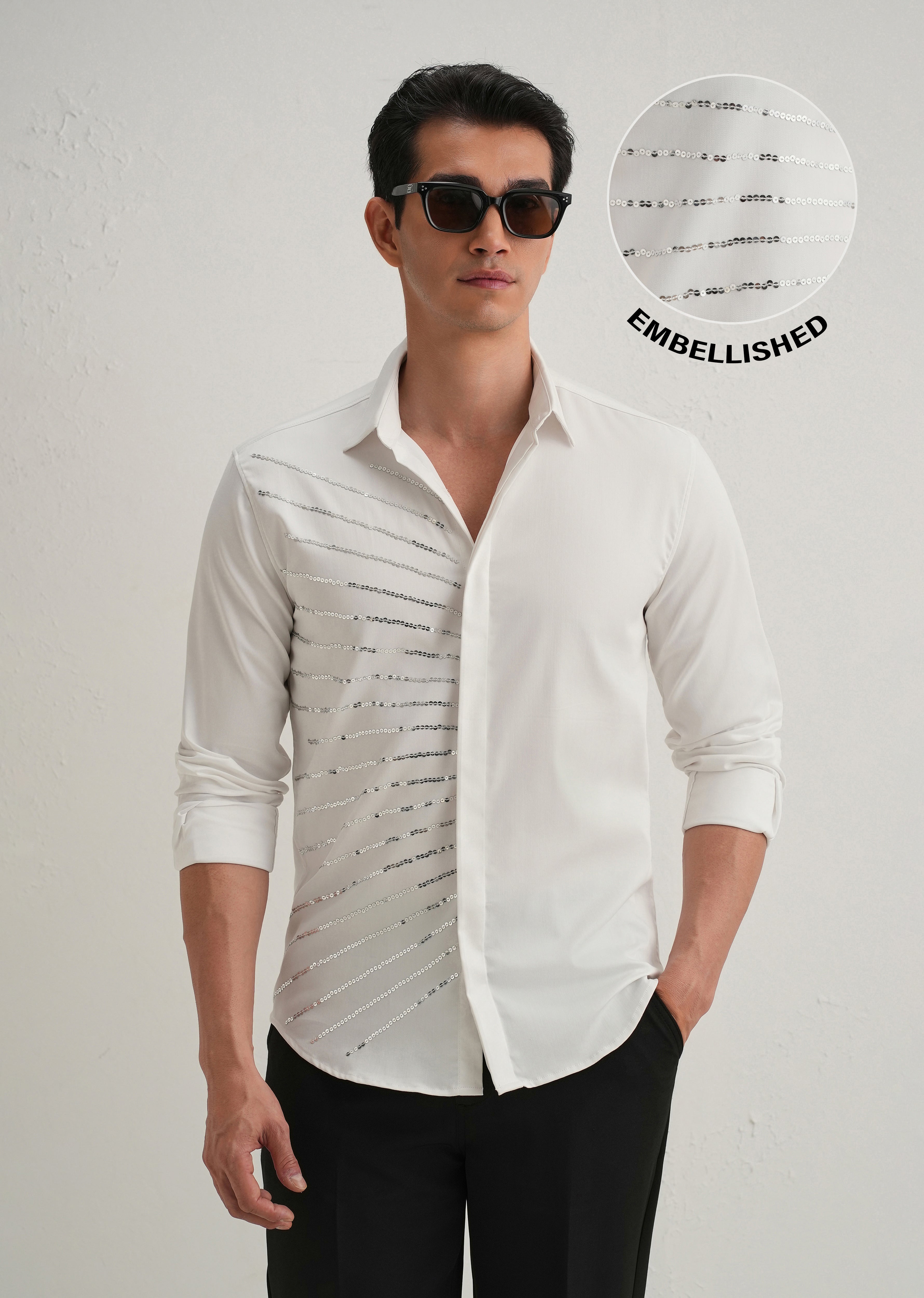 White Gradient Ray Sequin Designer Shirt