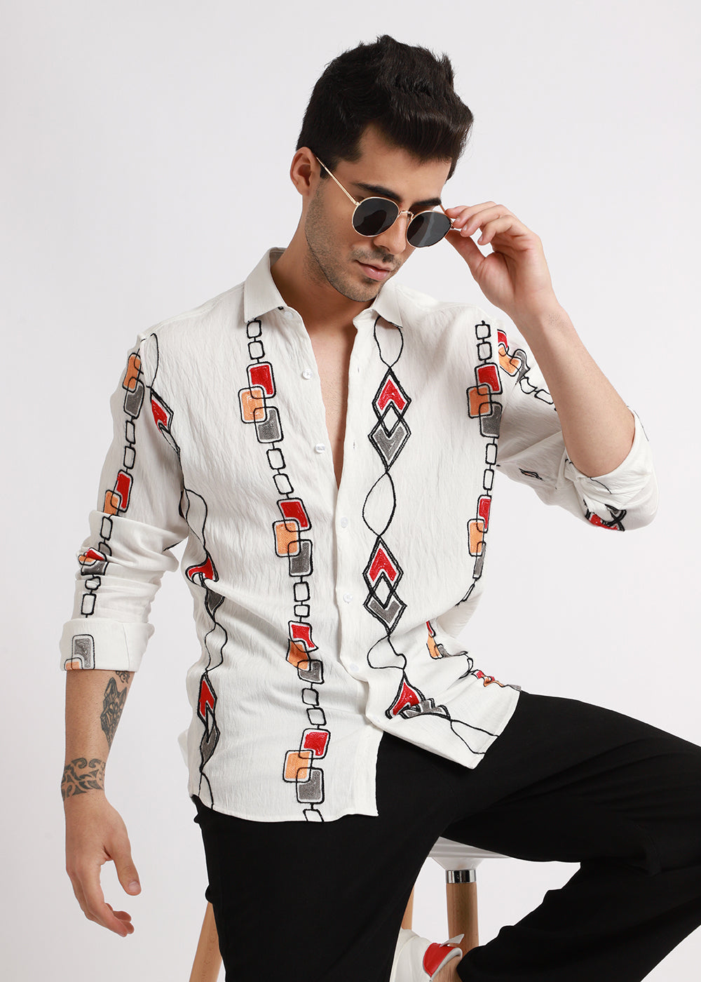 White Abstract Embroidered Shirt