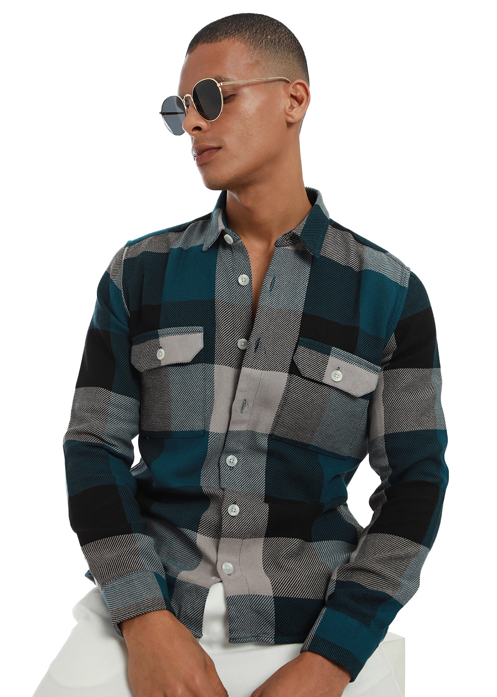 Buy Teal Blue Brushed Cotton Check Shirt