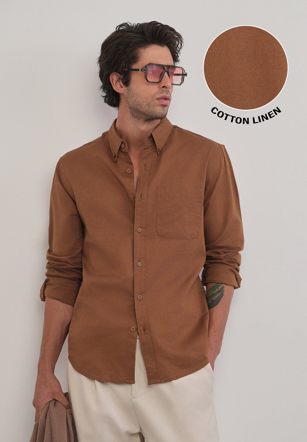 Terracotta Brown Cotton Linen Plain Shirt