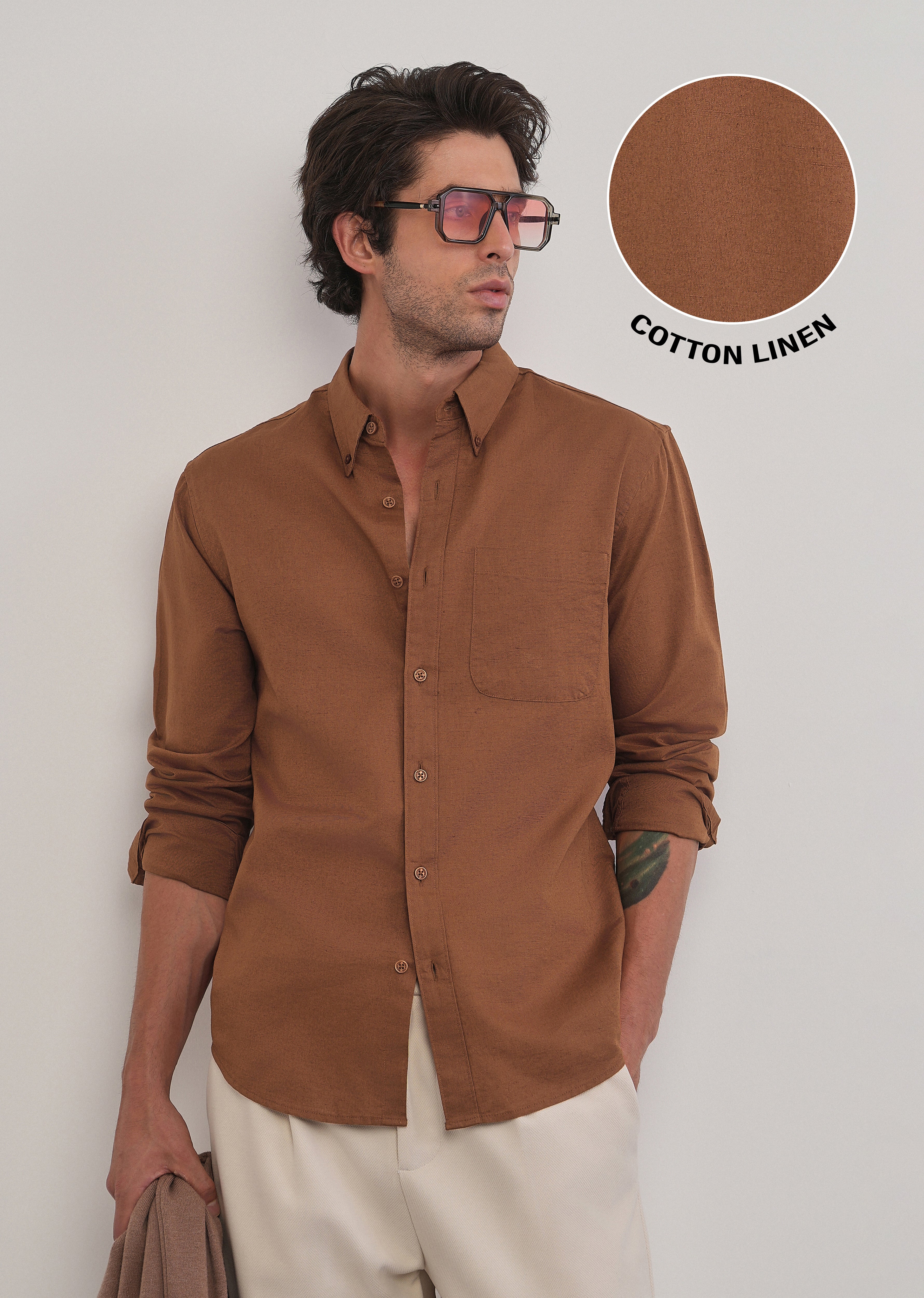 Terracotta Brown Cotton Linen Plain Shirt