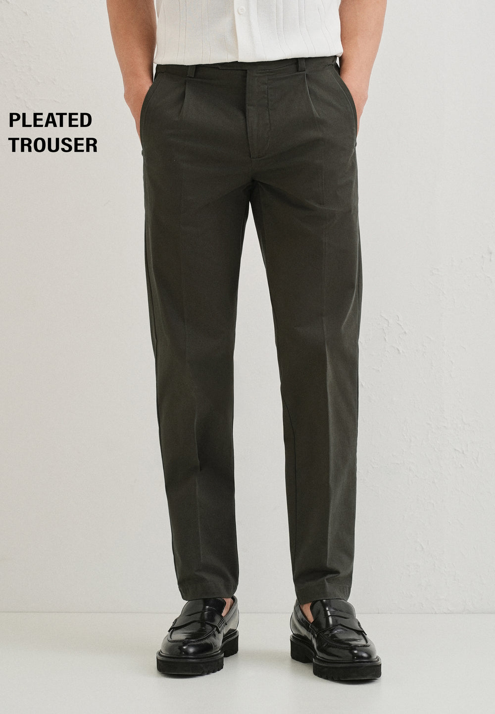 Olive Green Plain Pleated Chinos