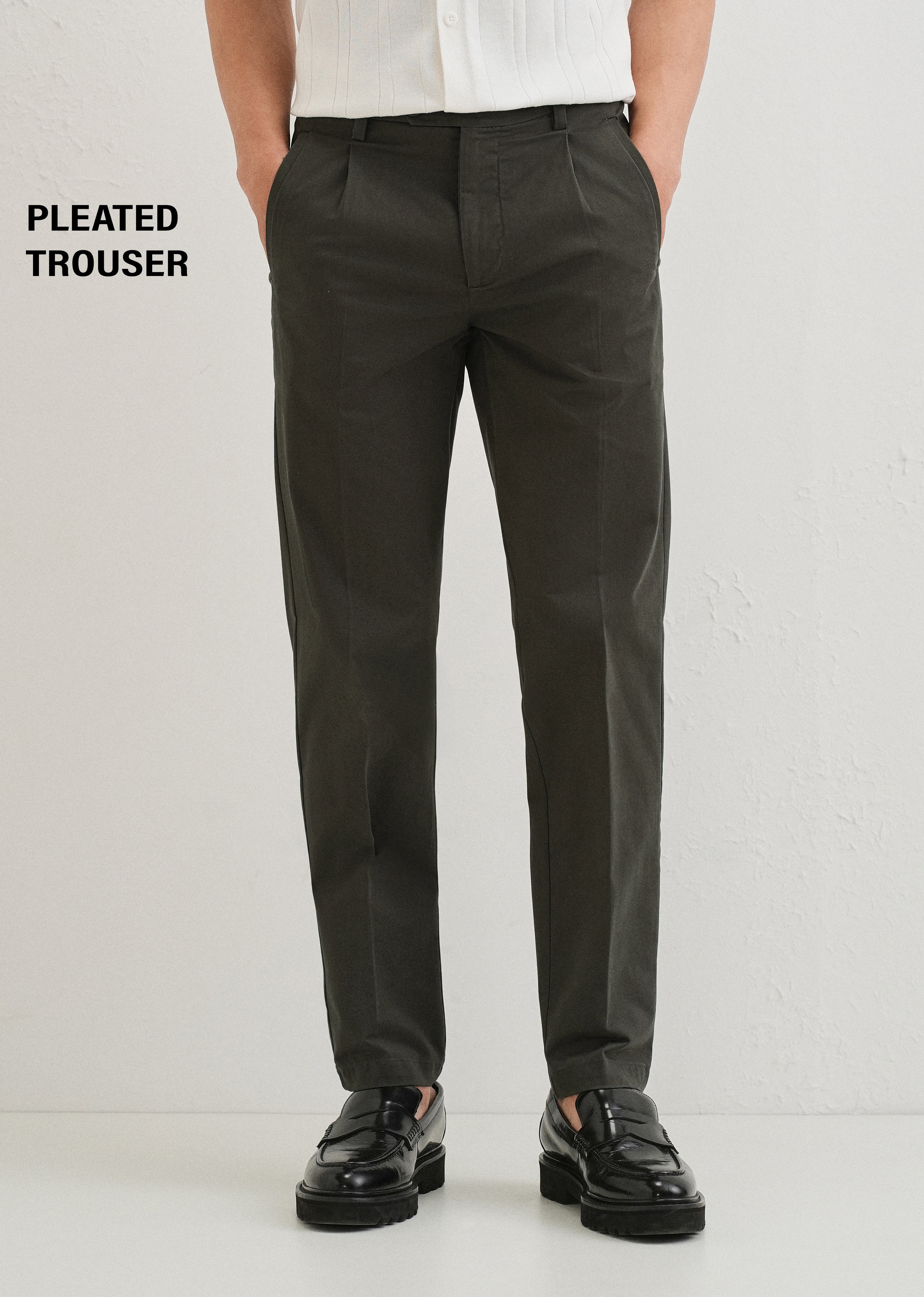 Olive Green Plain Pleated Chinos