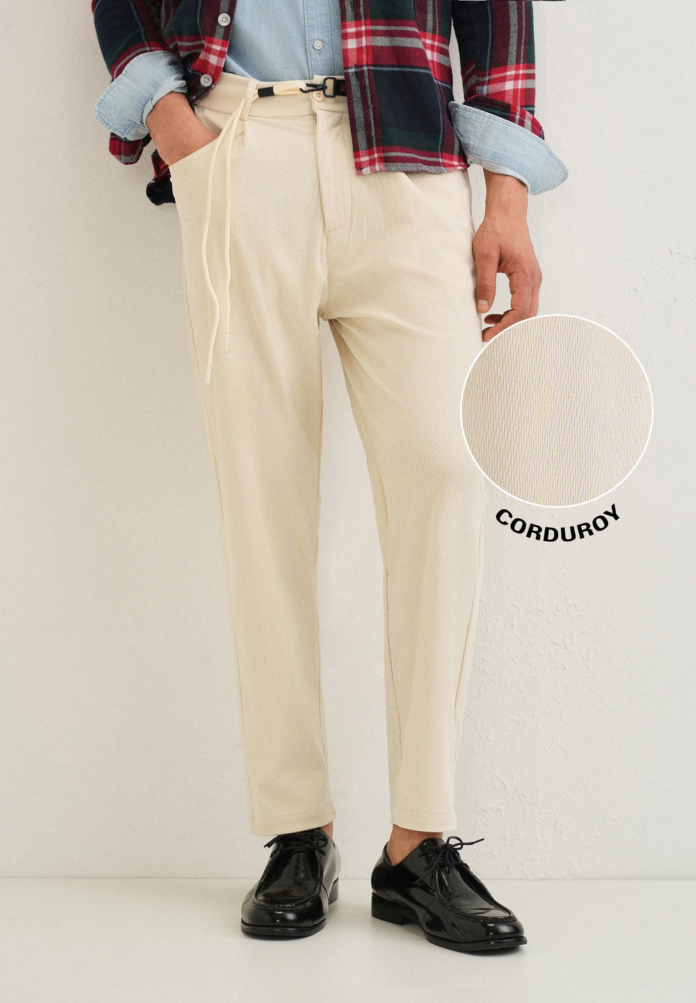 Cream Textured Corduroy Drawstring Pant