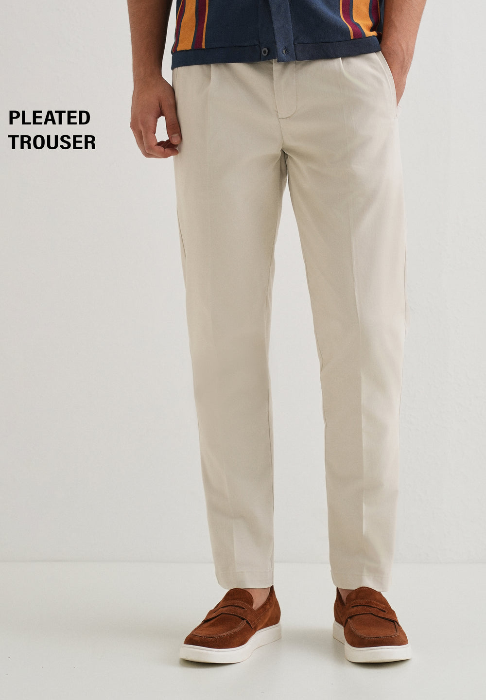Ivory Plain Pleated Chinos