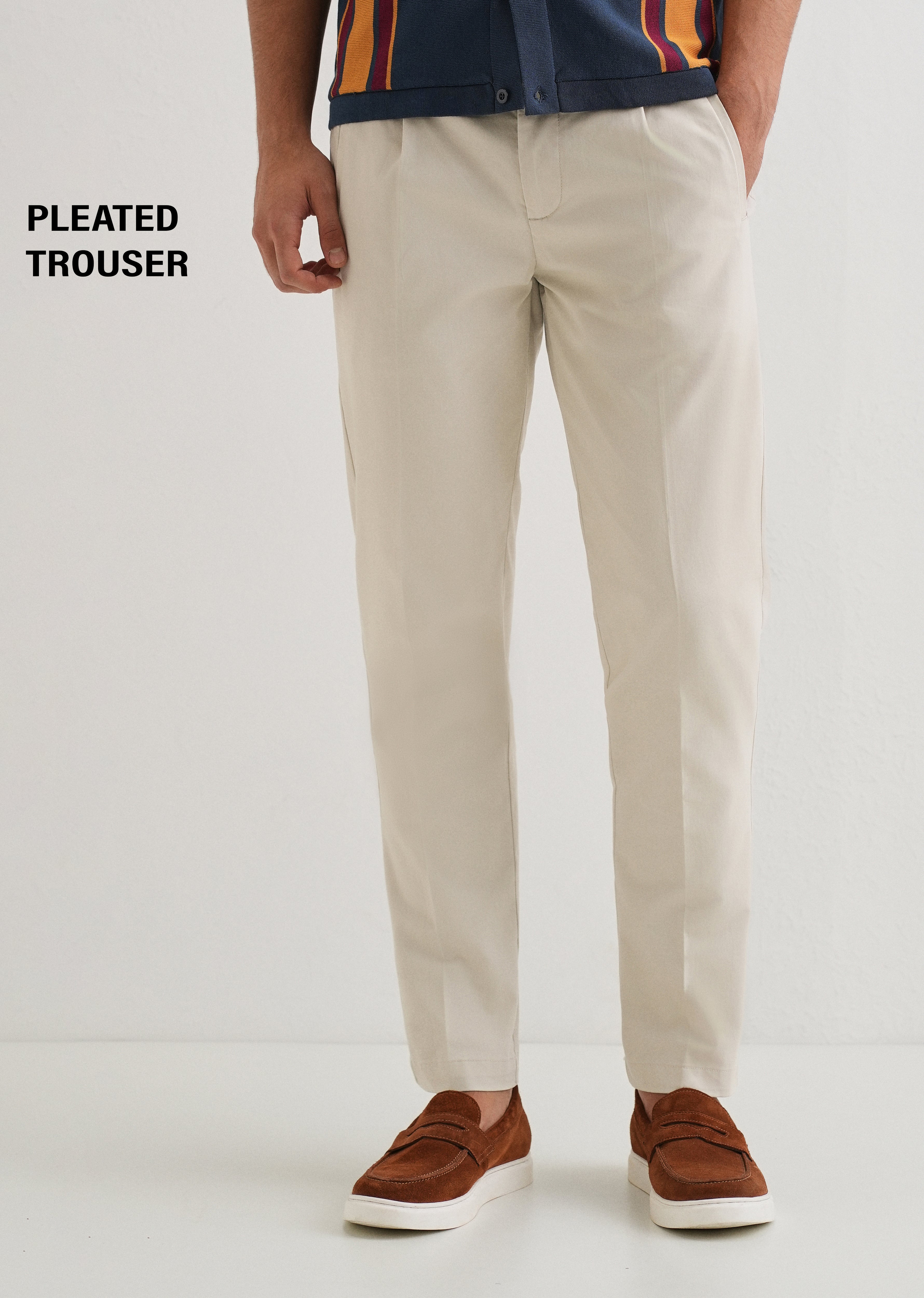 Ivory Plain Pleated Chinos
