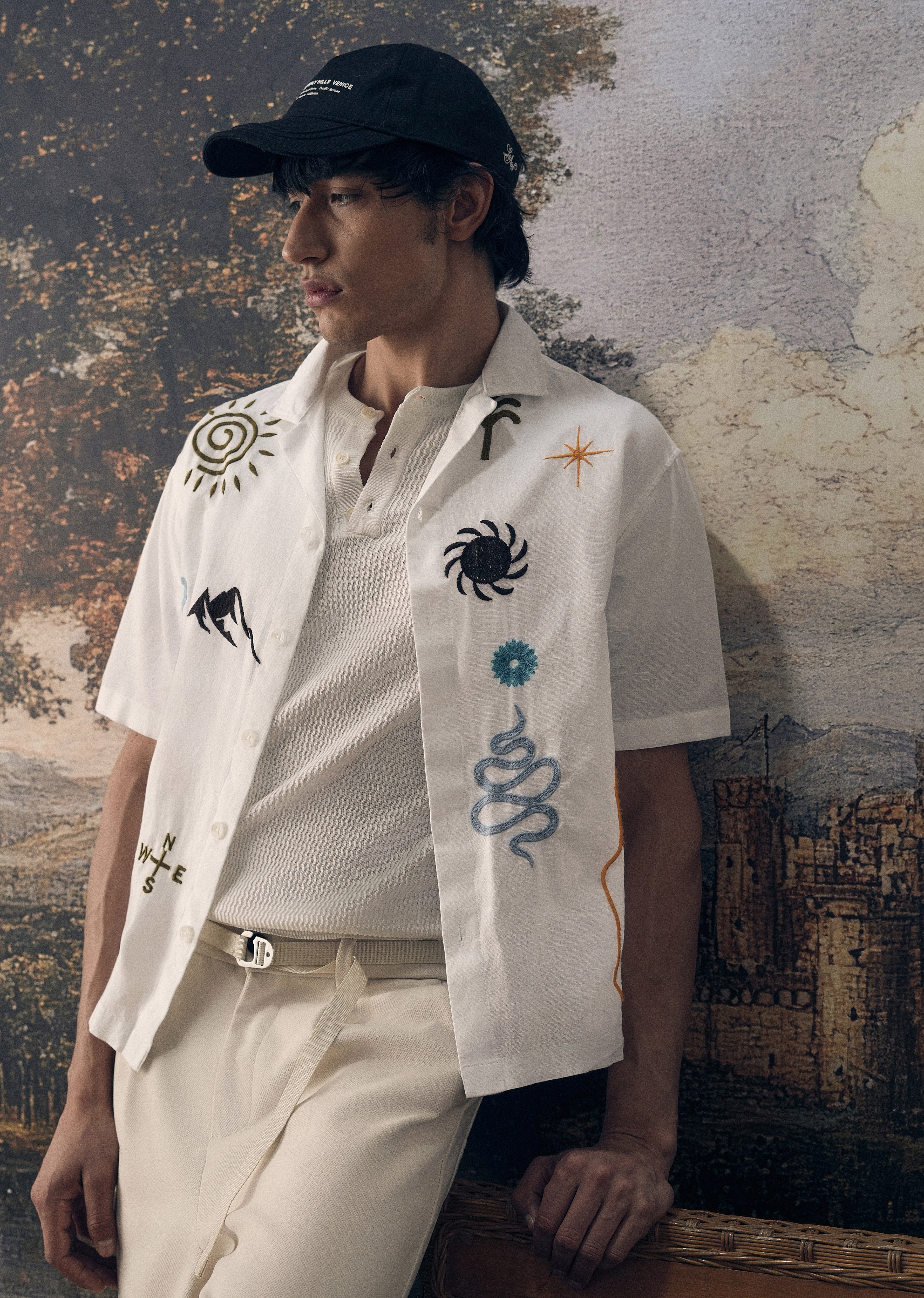 White Doodle Embroidery Cotton Linen Shirt
