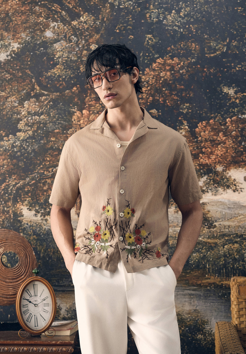 Tan Floral Embroidery Cotton Linen Shirt