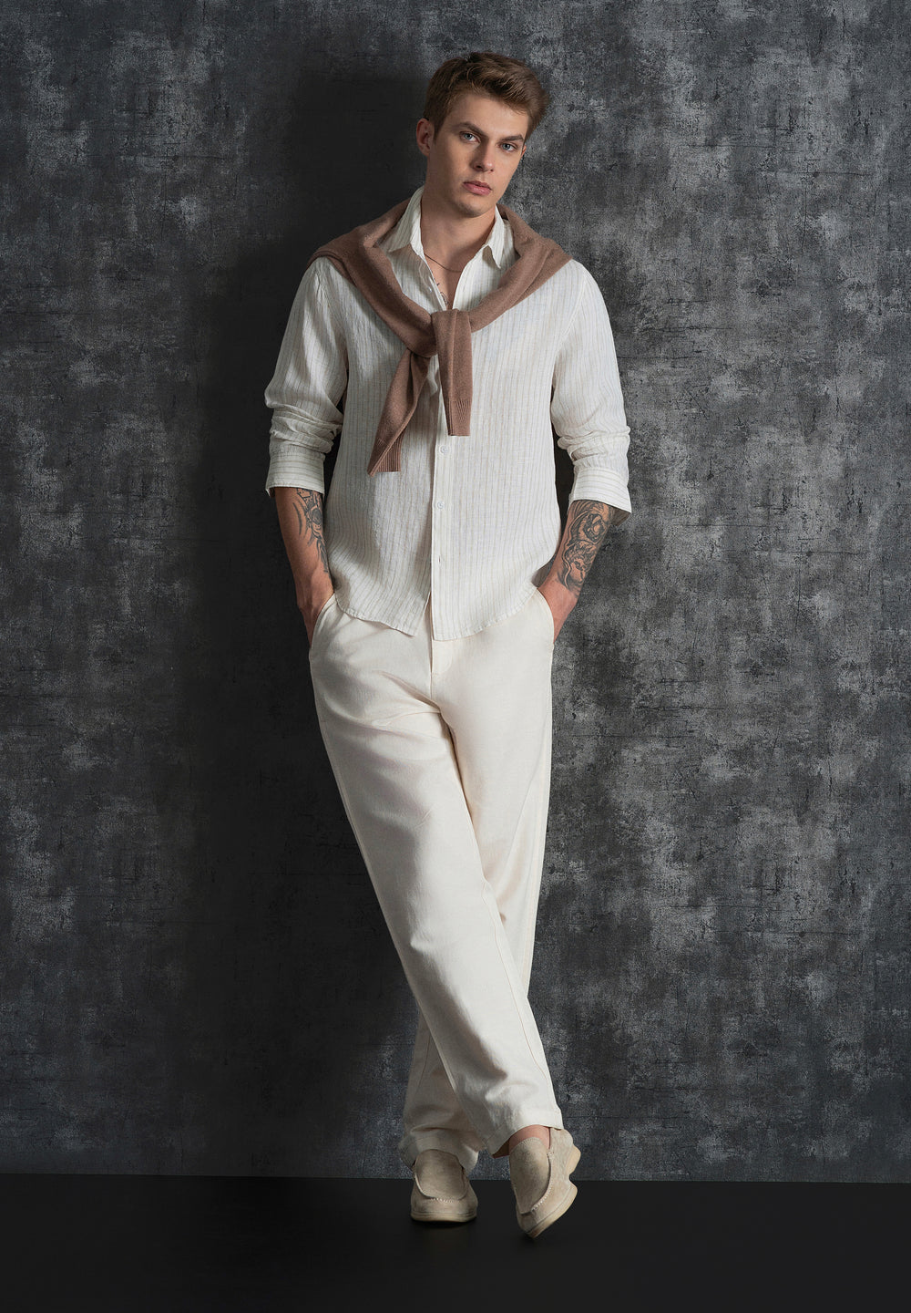 100% Linen Off-White Dual Stripe Shirt