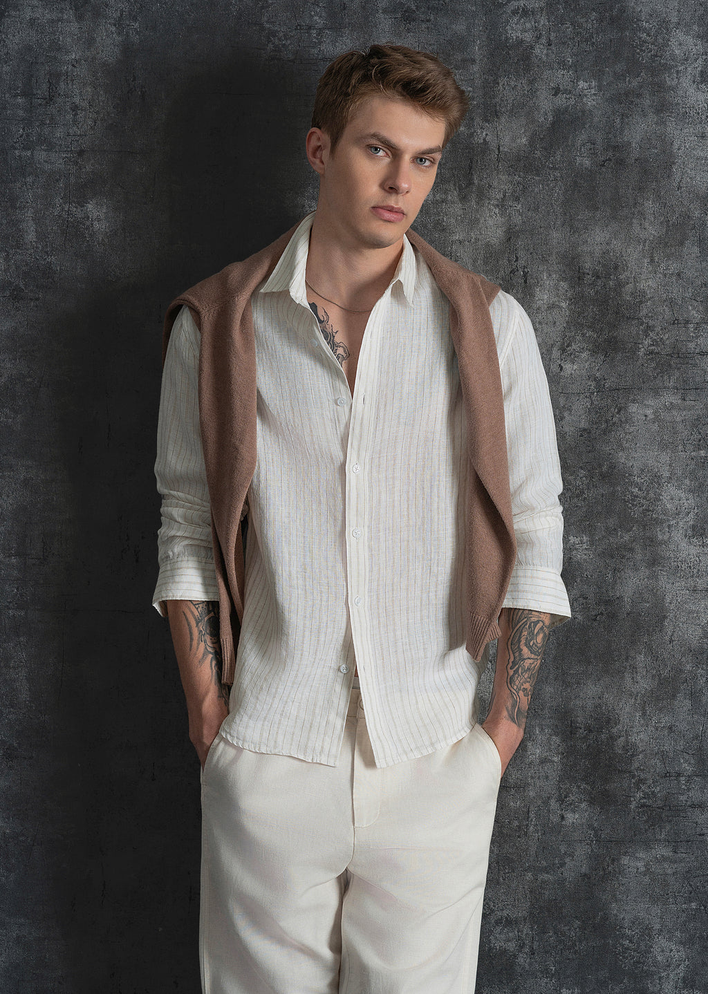 100% Linen Off-White Dual Stripe Shirt