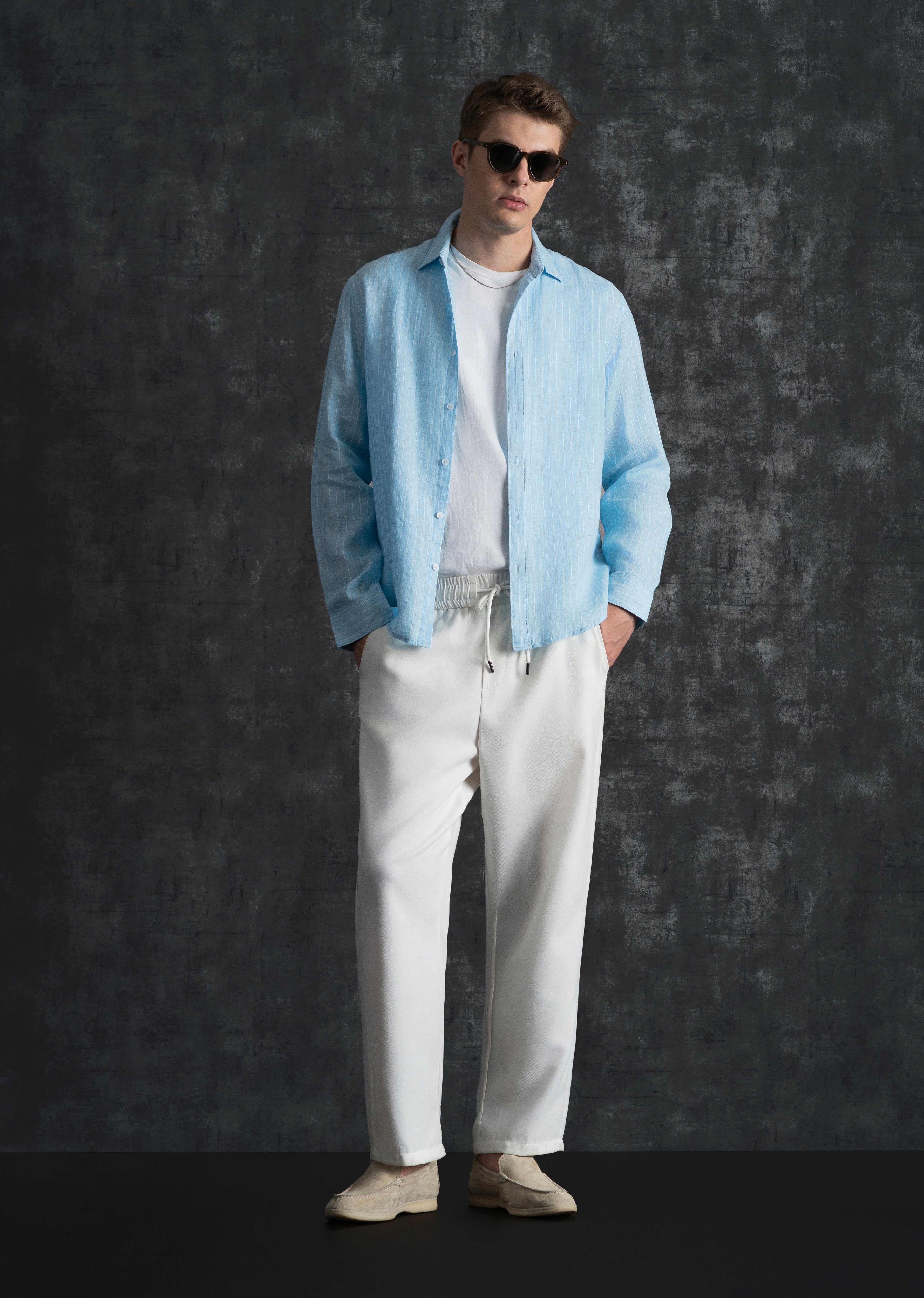 100% Linen Sky Blue Stripe Shirt