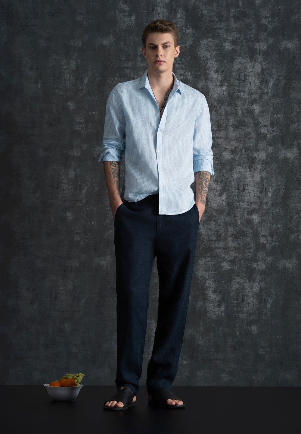 Blue 100% Pure Linen Gingham Check Shirt