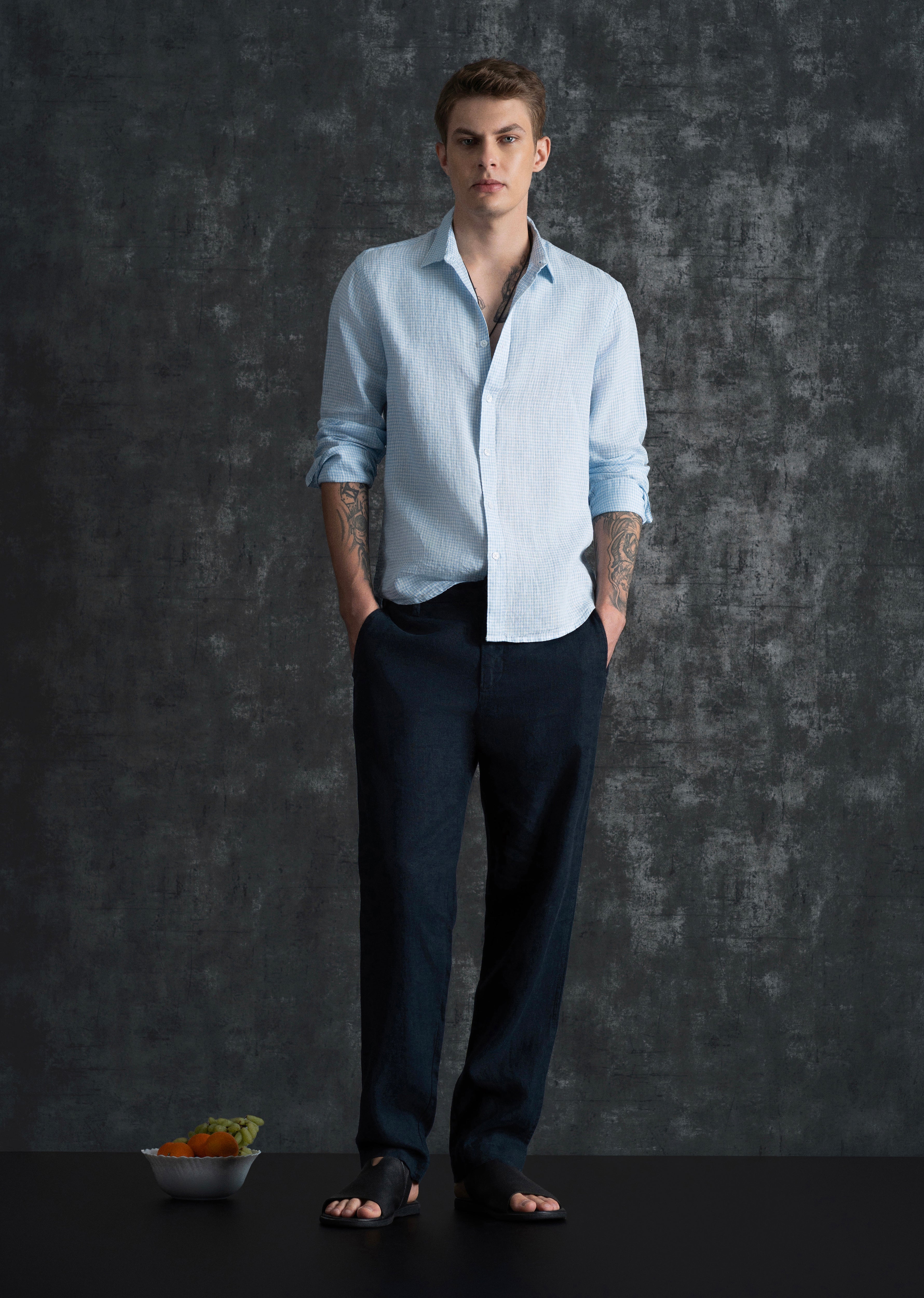 Blue 100% Pure Linen Gingham Check Shirt