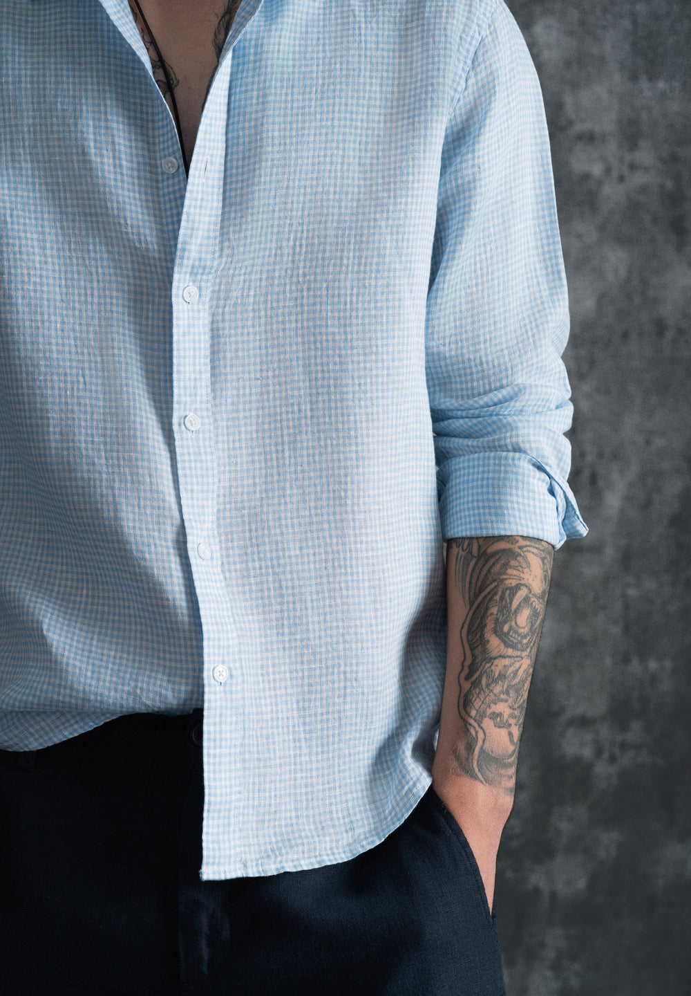 Blue 100% Pure Linen Gingham Check Shirt