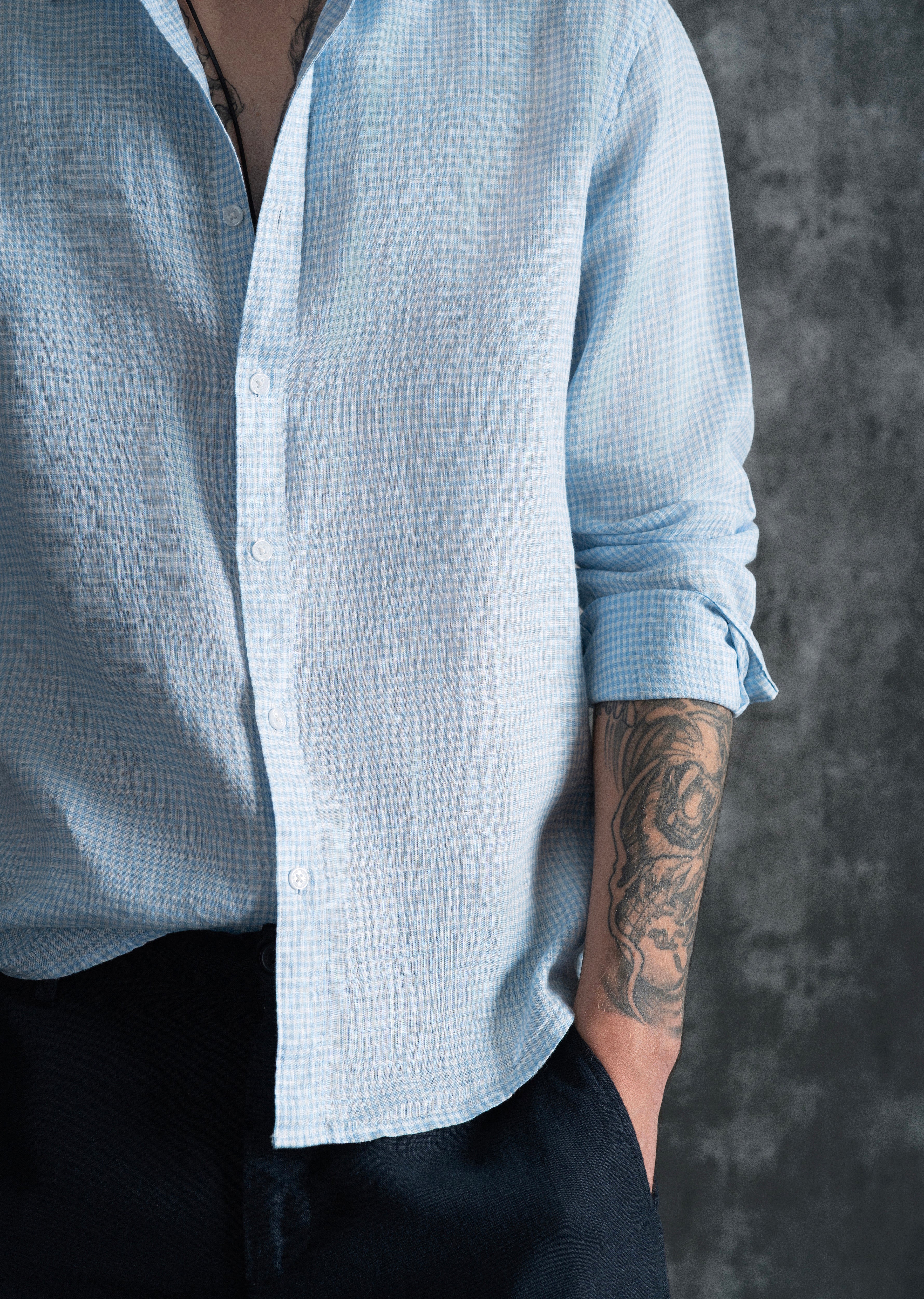 Blue 100% Pure Linen Gingham Check Shirt